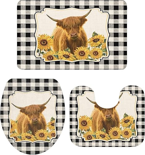 Miniatura 4 de Bathroom Rugs Sets 3 Piece Bath Mat,Farm Highland Cattle Sunflower Soft Non-Slip Bath Rug Set,Absorbent Shower Rugs Toilet Seat Cover U-Shaped