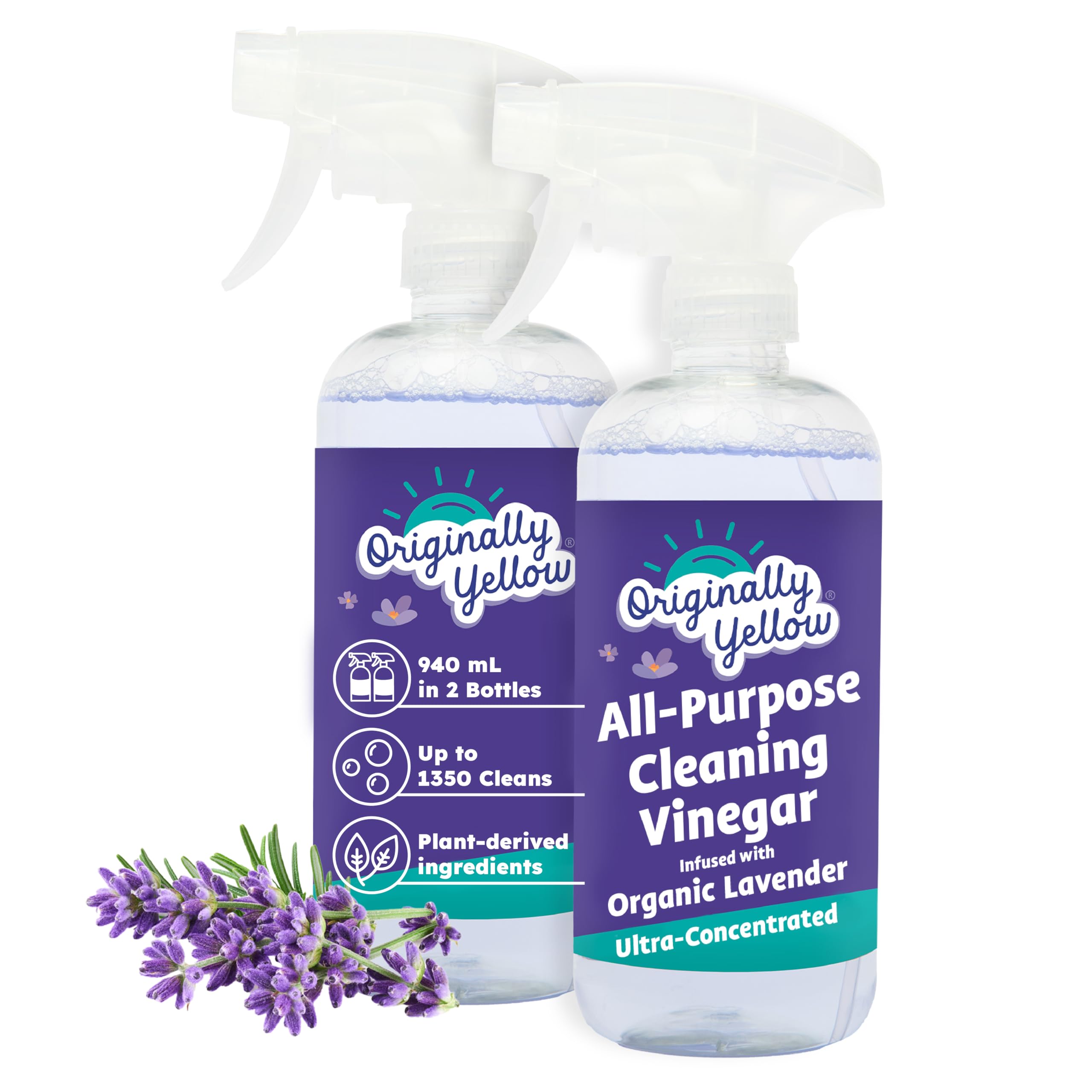 Originally Yellow All-Purpose Distilled Vinegar Spray Living Room, Bathroom, & Kitchen Cleaner Spray | Infused with Organic Lavender | Plant-Based All Purpose Cleaner, 470 mL (2-Pack)