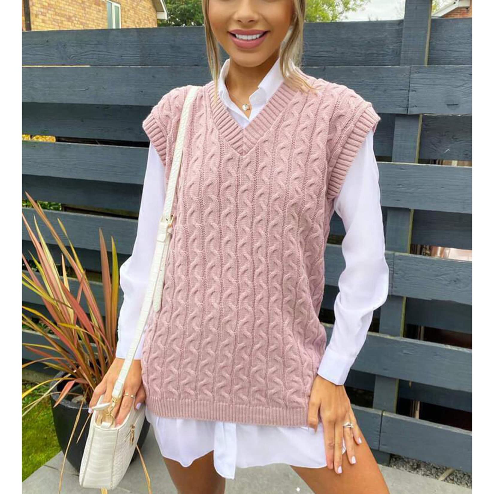 Damski sweter bez rękawów z dekoltem w serek, sweter bez rękawów, gruby warkocz, sweter z dzianiny, sweter z dzianiny, bez rękawów, gruby sweter (różowy XL)