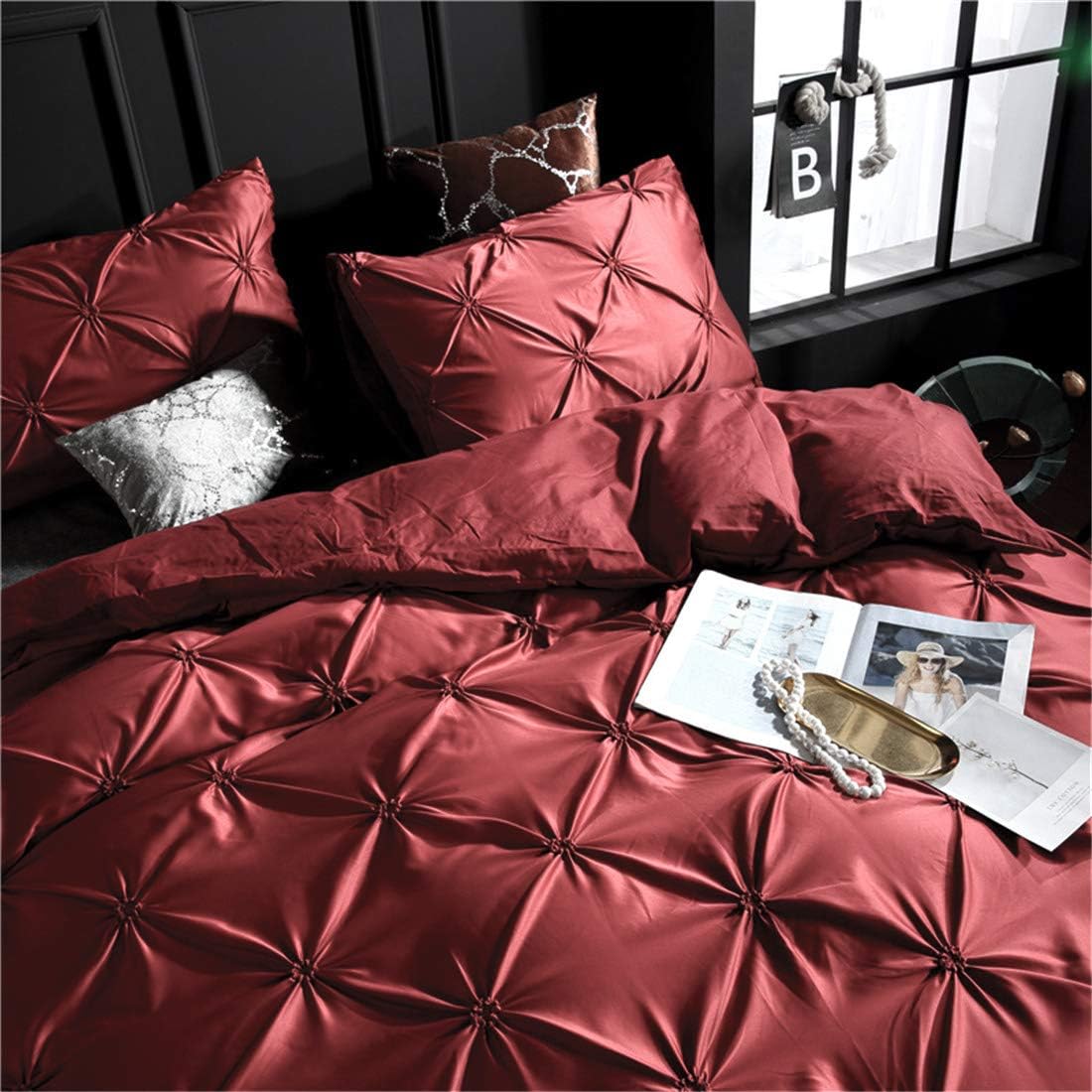 Erosebridal Burgundy Pinch Pleated Comforter Cover King Size Silk Like Satin Pintuck Bedding Set with Zipper Ruffle Design Luxury & Microfiber Comforter Cover Pintuck Decorative Bedspread Cover