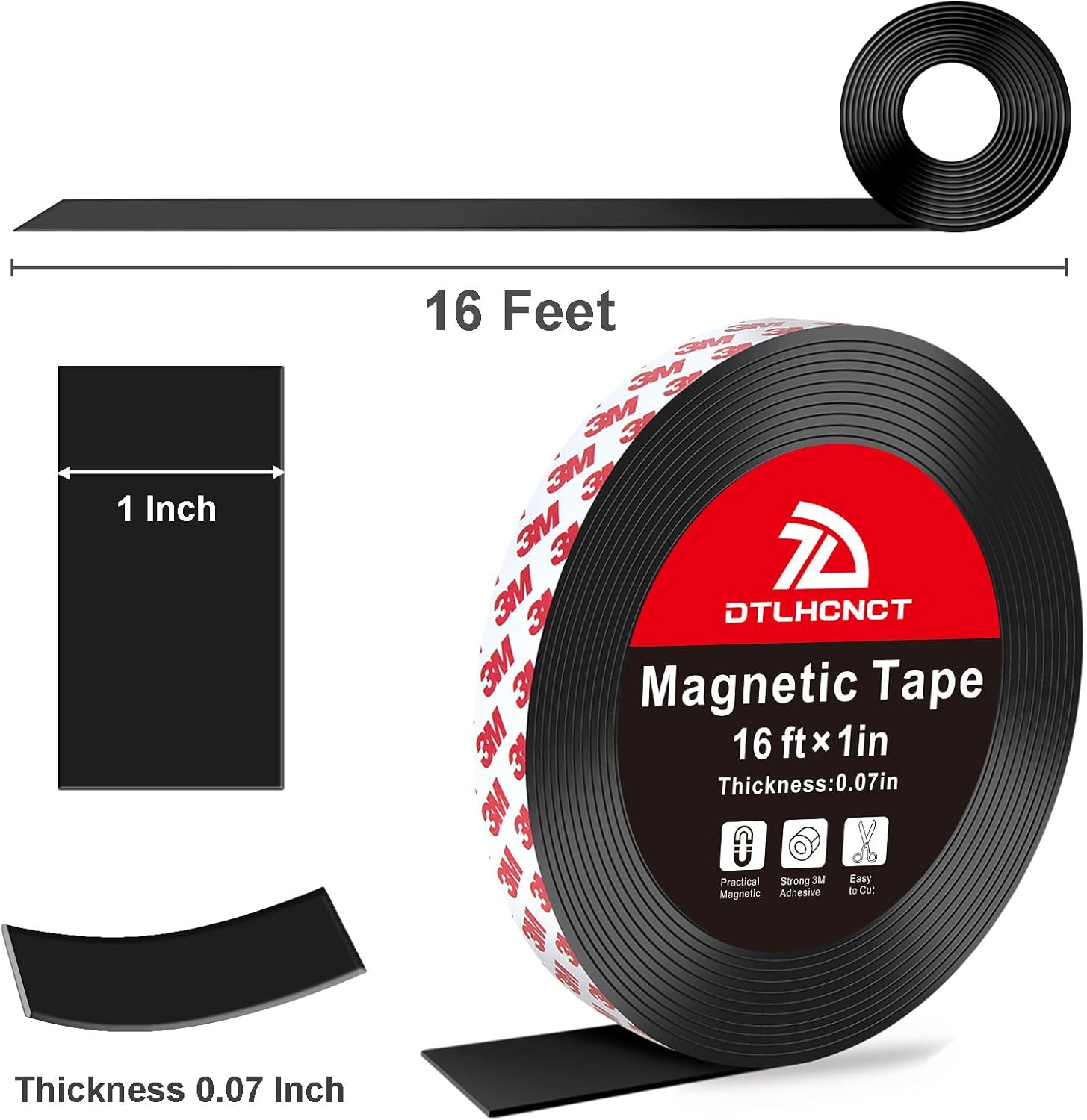 DTLHCNCT Magnetic Tape - 16 ft x 1 inch Magnet Strip Tape Roll with Strong Adhesive Backing,Magnetic Strip for Kitchen, Office, School Organization, Whiteboards,Fridge(0.07 Thick)