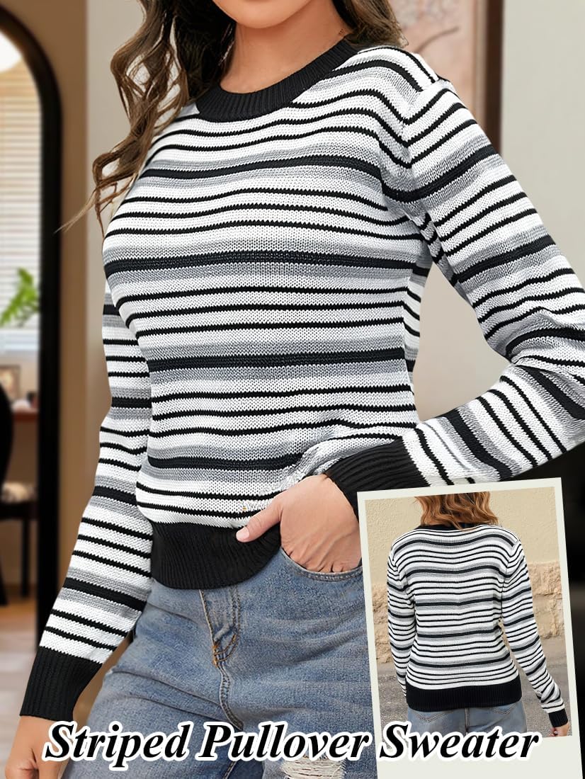 Women Sweater Long Sleeve Striped - Pullover Sweaters, Crew Neck Lightweight Fit Knit Tops, Spring Fall Trendy Outfits - Image 6