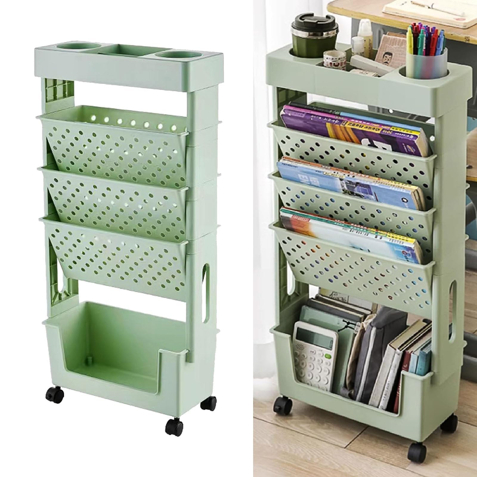 Magazine Cart Magazine Rack Book Carts with Wheels, 5 Tier Standing Shelf Unit ...