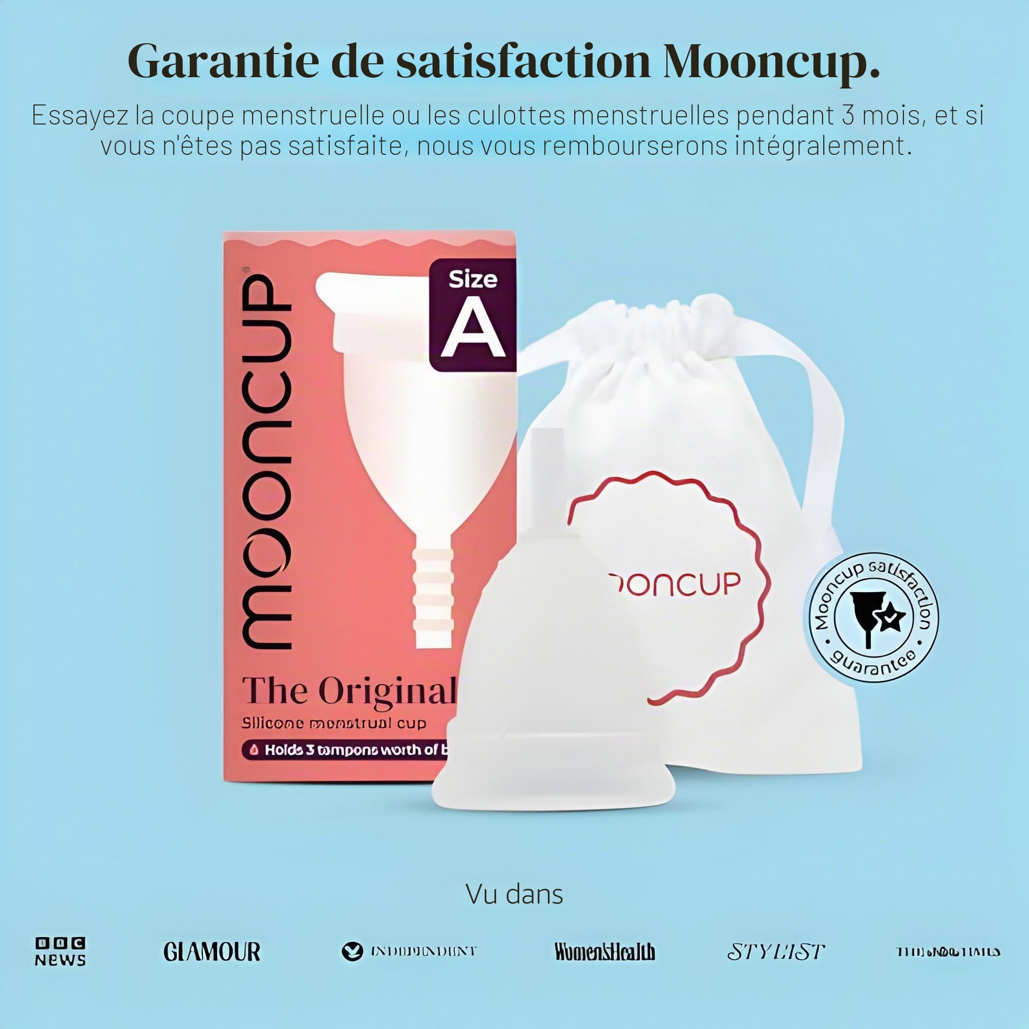 Mooncup Original Coupe Menstruelle en Silicone de qualité médicale, protection équivalente à 3 tampons, sans toxines, écologique, facile à insérer, Taille A (30+ ou après accouchement) confortable