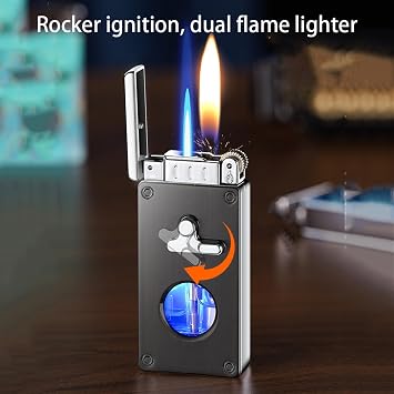 Torch Lighter, Dual Flame Lighter, Windproof Lighter with Visible Gas Indicator, Adjustable Soft Flame and Jet Flame 2 in 1, Refillable Butane Lighter, Great for Men's Gifts, Collection, Outdoor(E)