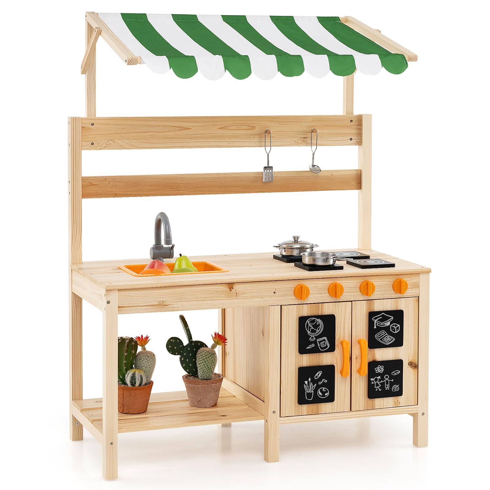 COSTWAY Cucina Giocattolo per Giardino in Legno di Abete, Cucina per Fango da Esterno con Tettoia, Fornelli, Ganci, 4 Lavagne e Lavello, Set Cucina con 5 Accessori, 88 x 39 x 117 cm