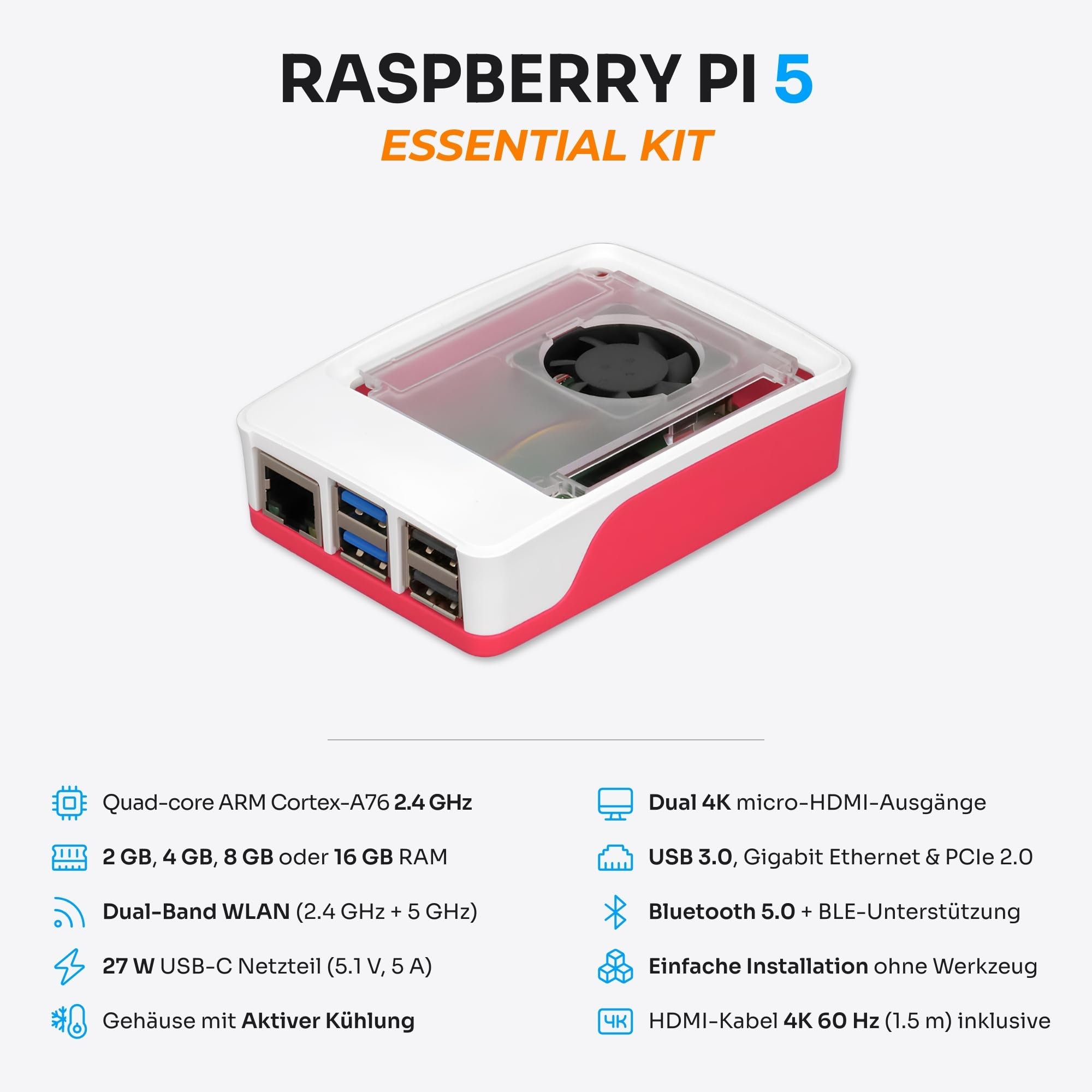 Starter-Set für Raspberry Pi 5 2 GB - Essential Edition | 27 W Netzteil | Gehäuse mit integriertem Lüfter und Kühlkörper | 4K 60 Hz Micro-HDMI-Kabel