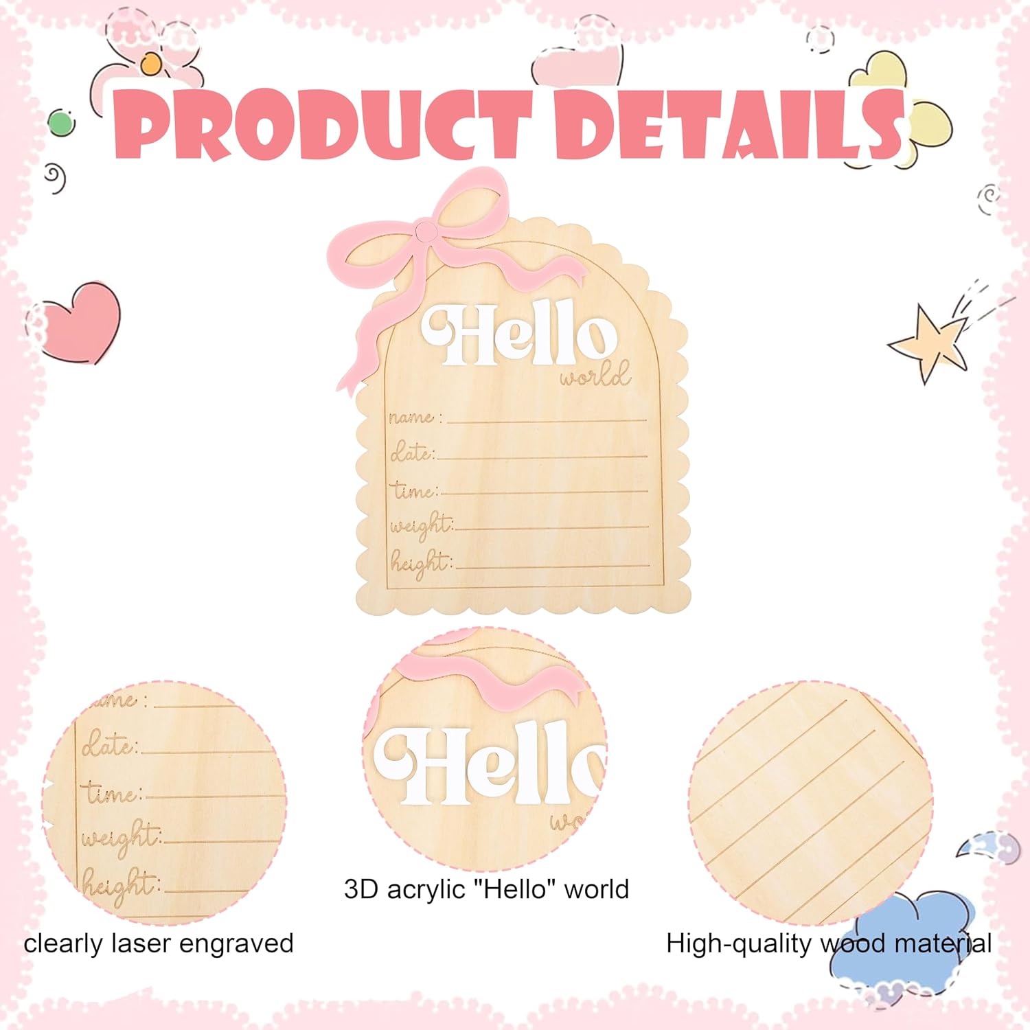 Hello World Bow Newborns Welcome Board - Wooden Pink Name Billboard, Little Princess Birth Wooden Sign, Hospital Birth Statistics Sign, Welcome To The World Sign