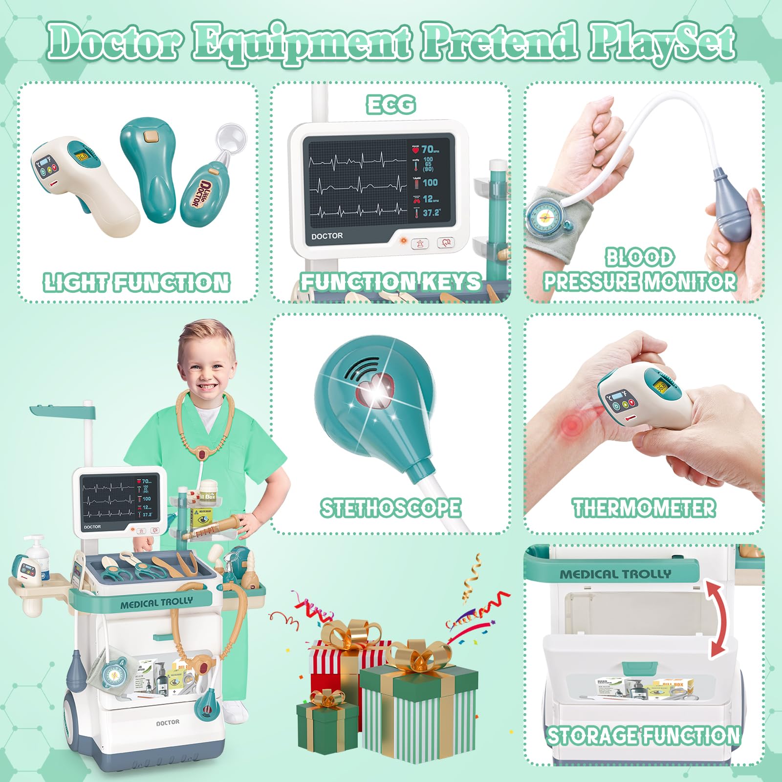 DeAO Maletín De Doctor Para Niños Con Bata Y Estetoscopio Con Luces Y Sonido, Carrito Médico Juguete Con Accesorios, Juego De Roles Educativo Para Niñas Y Niños De 3 Años En Adelante (Azul)