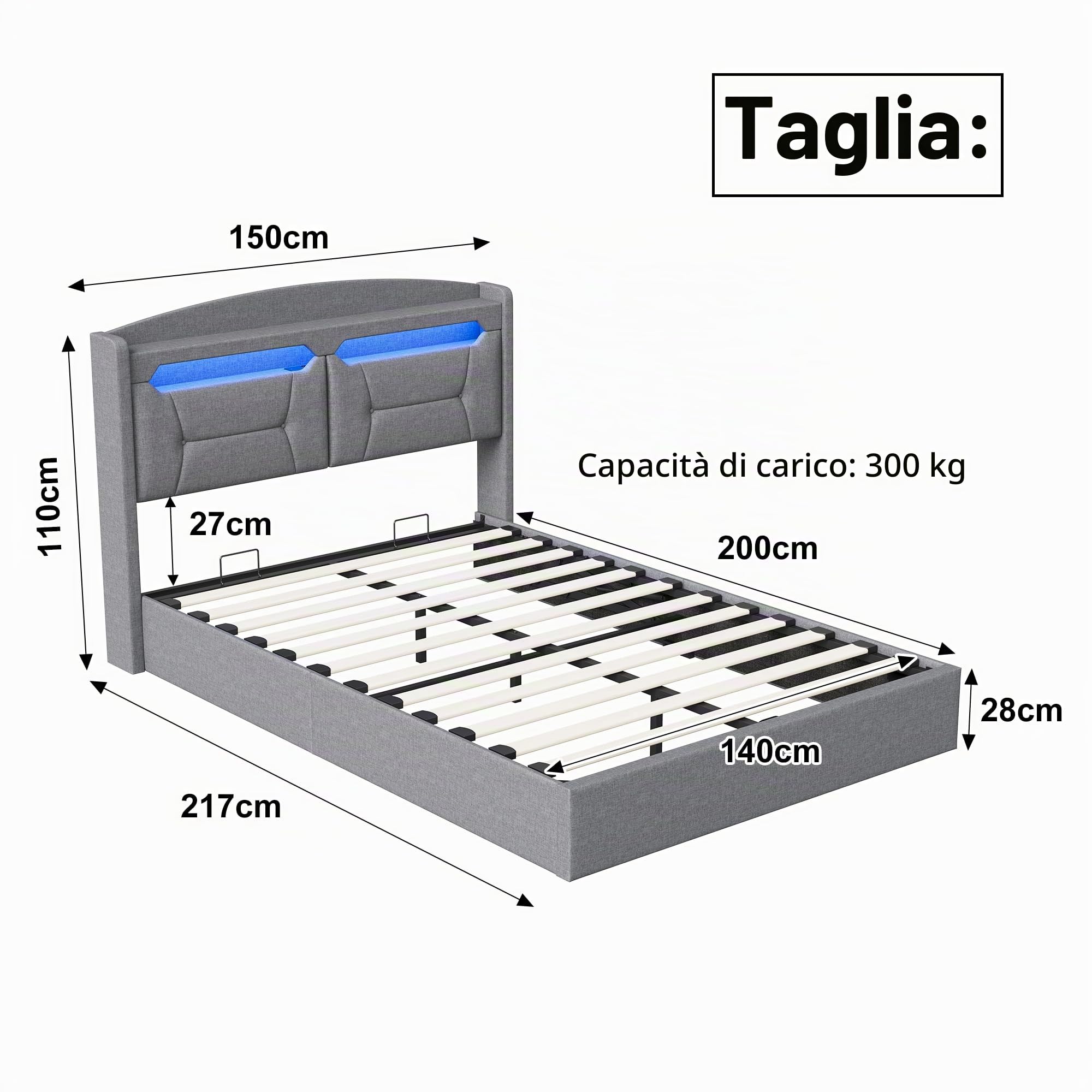 Letto con Cassetto 140x200 con LED e USB, Letto per 2 Persone con Testiera Imbottita e Spazio di Archiviazione, Letto Matrimoniale con Rete a Doghe per Adulti e Adolescenti, senza Materasso