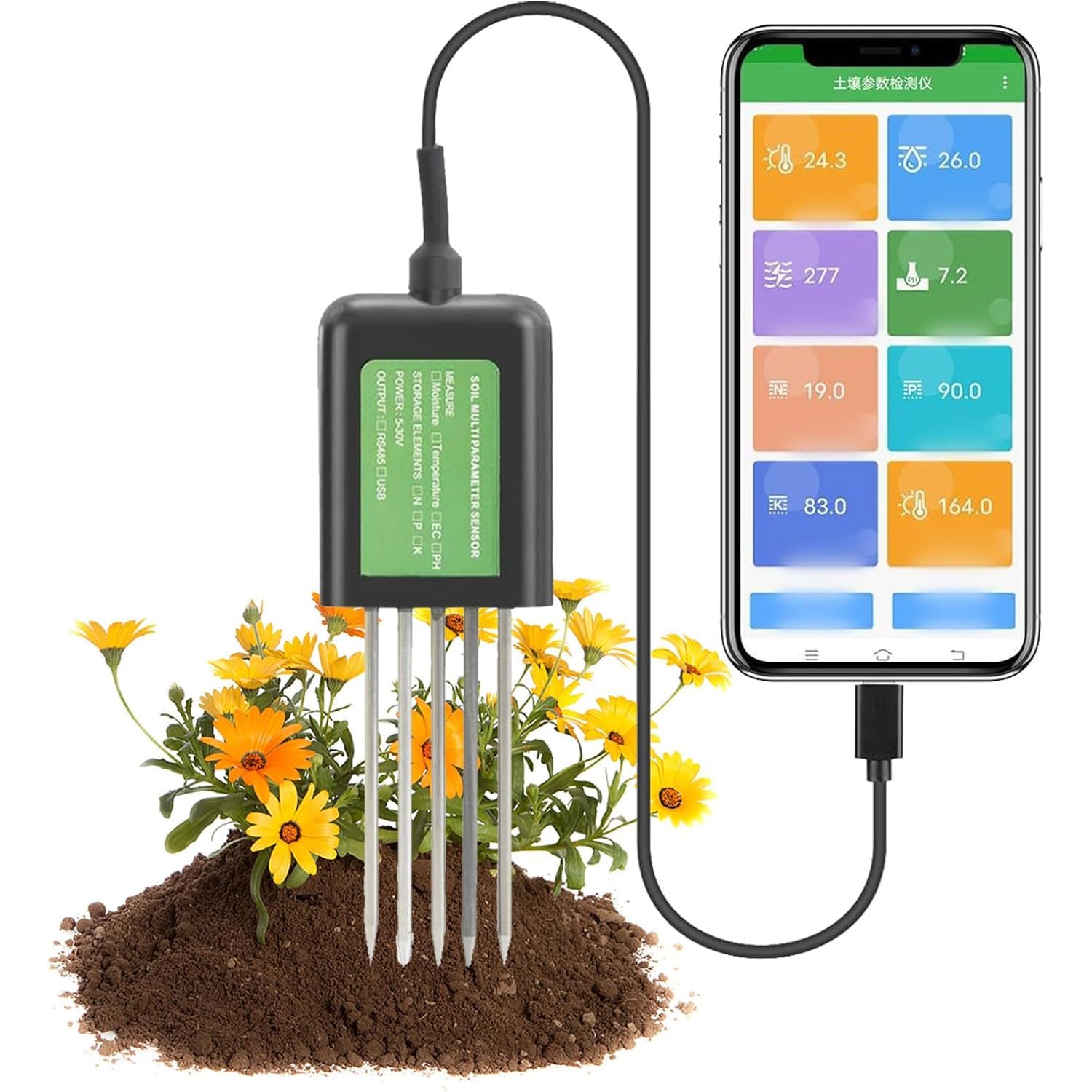 Probador inteligente de suelo, medidor digital 7 en 1 para salud vegetal, mide pH, temperatura, conductividad, humedad, NPK en el suelo