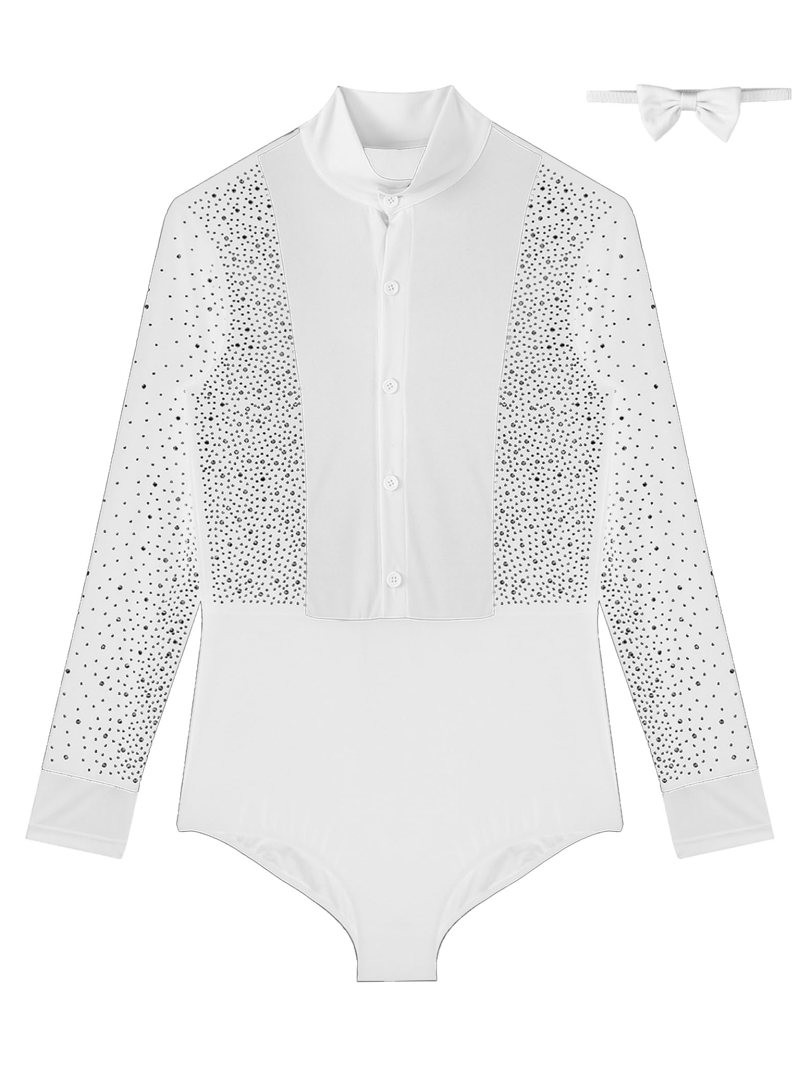 Yhong Camisa latina para hombre con diamantes de imitación, camiseta de una pieza, disfraz de danza con pajarita salsa samba chacha modernas camisetas de baile