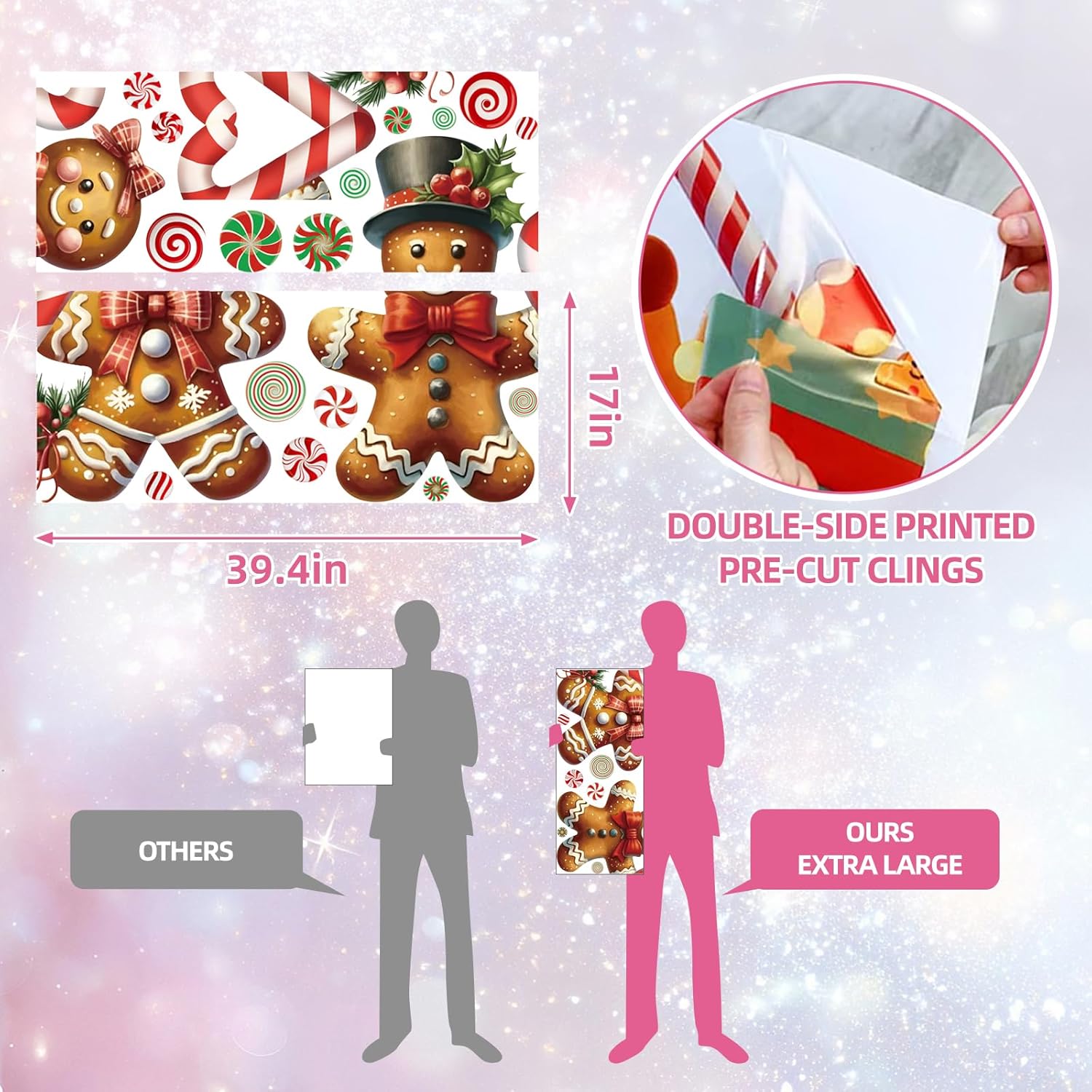 Christmas Window Clings Decorations:Extra Large Gingerbread Man Window Clings Watercolor Rustic Xmas Stickers for Kids Home Office School Winter Holiday Décor Christmas Decorations