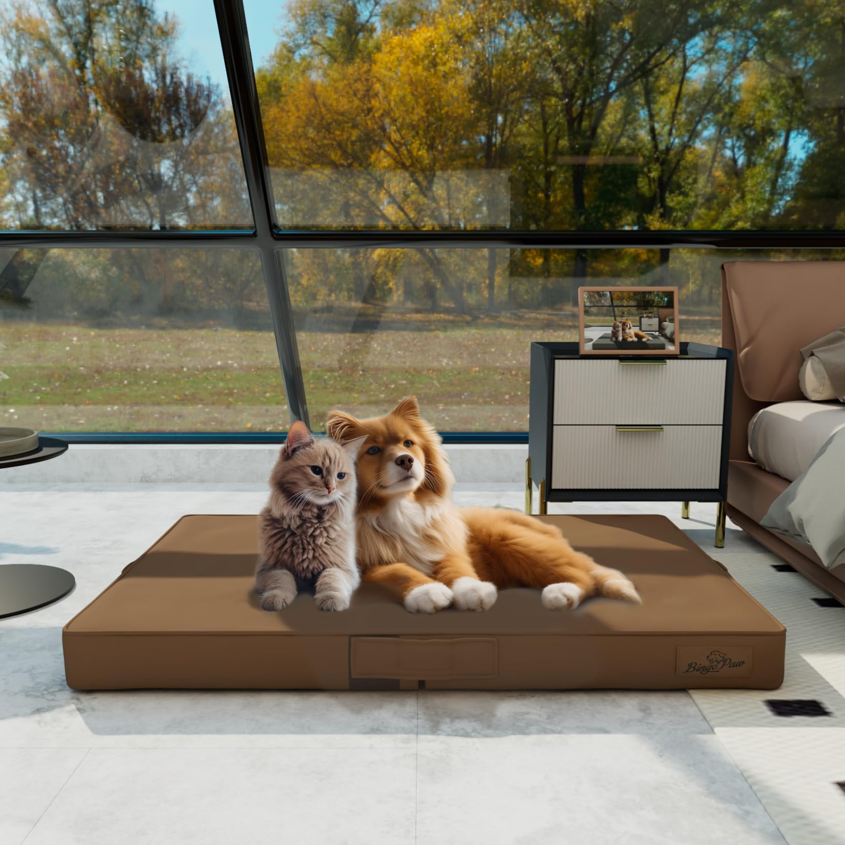 Wisfor Extra Large Dog Bed Orthopedic: Large Pet High Support Cushion Mat Made by 4 Layers Breathable 3D Mesh Mattress and Leather Cover - Water Proof Foldable Dogs Thick Sleeping Pads with Handle