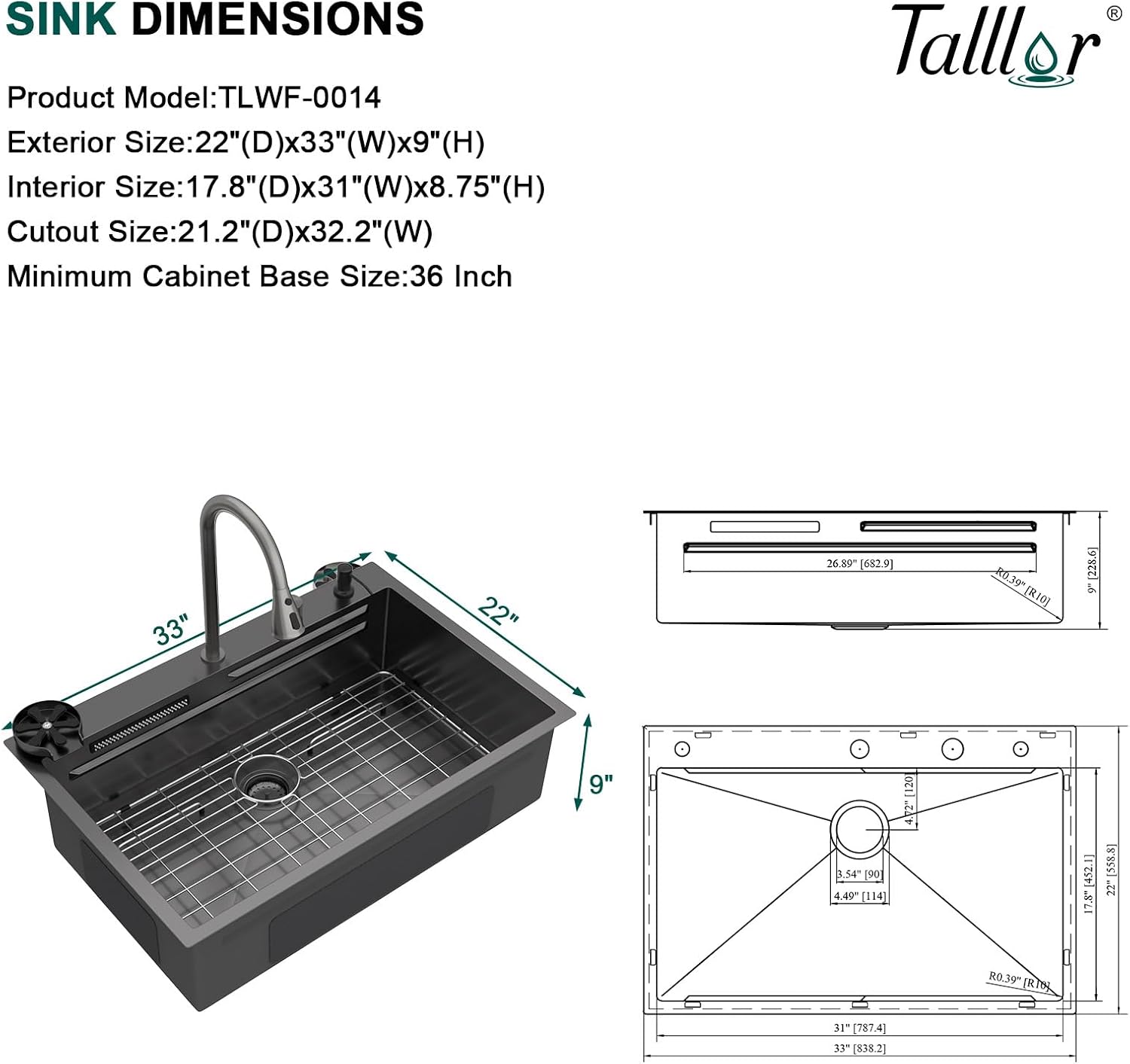33" Drop-In Single Bowl Black Kitchen Sink with Faucet, Gunmetal Black 16 Gauge 304 Stainless Steel Workstation Sink with Cup Washer, Waterfall Outlet and Four-Hole Configuration #TLWF-0027