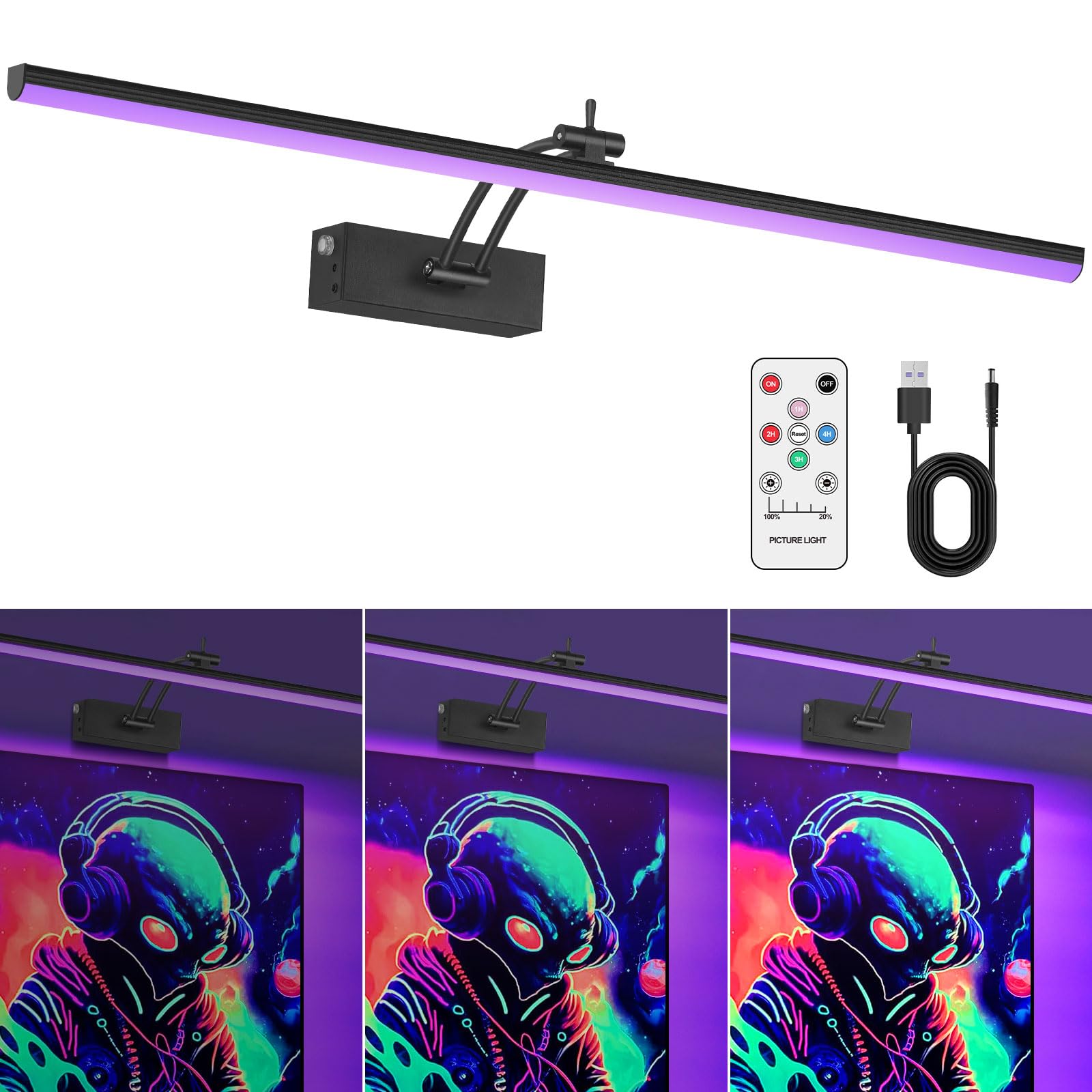 ( incomplete missing usb cord) Black Light for Blacklight Tapestry, 24" Rechargeable Blacklight Wall Light with Remote, Wireless LED Black Lights for Fluorescent Art, Poster, Decor, Glow in The Dark Party, 6400mAh Battery Powered