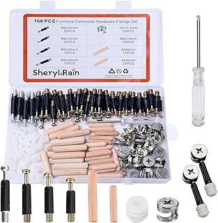 160 Stk Exzenter Möbelverbinder Schrankverbinder, Korpusverbinder Schrauben mit Schraubendreher, Einschraubdübel, Kunststoffmuttern, Nockenbeschlag, Holzdübel, Exzenterverbinder für Schrank Verbinder
