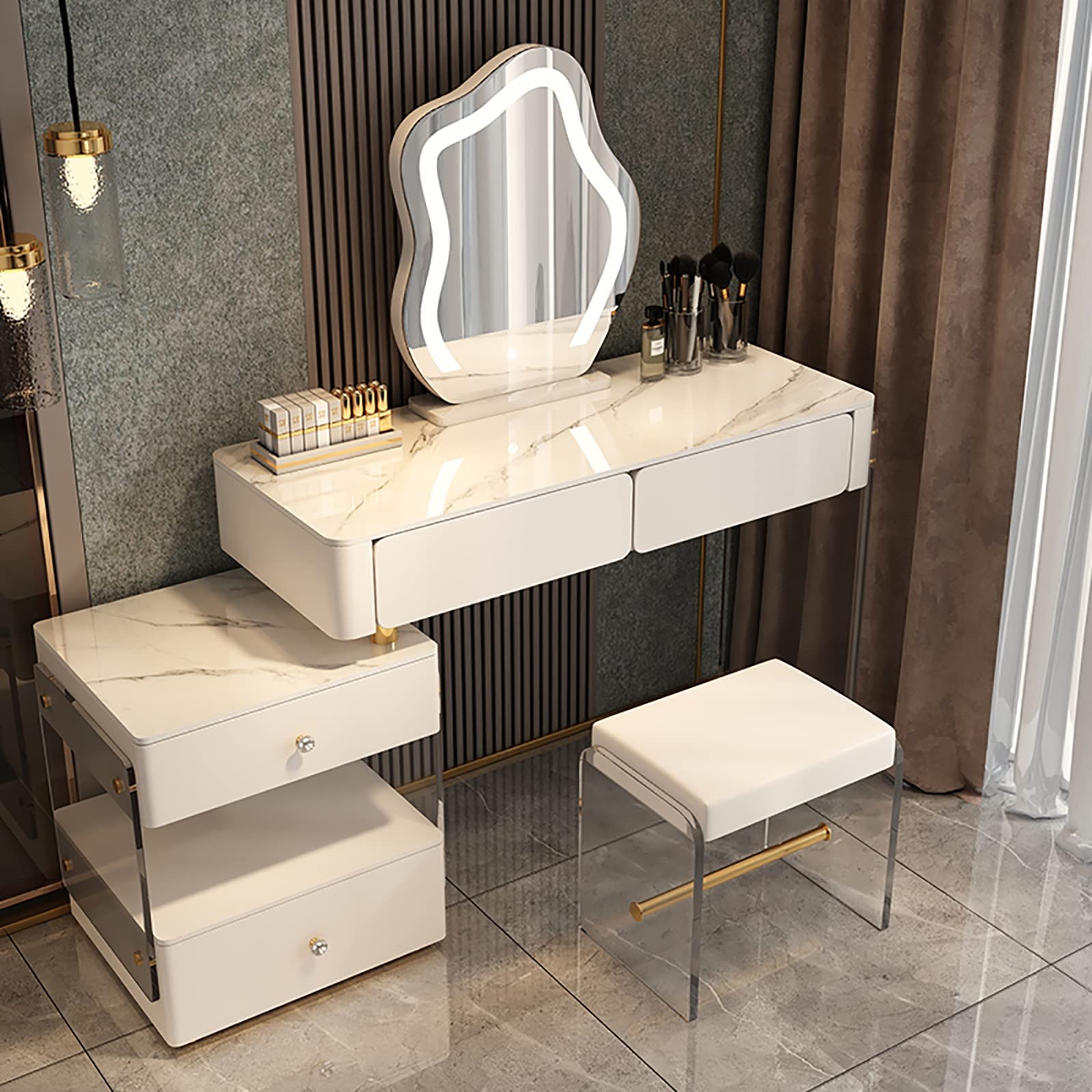 BKSXSOP Illuminated Vanity Set with Mirror, Drawer Storage Makeup Table & Upholstered Stool - Stylish Dressing for Bedroom, Lovers, and Home Decor