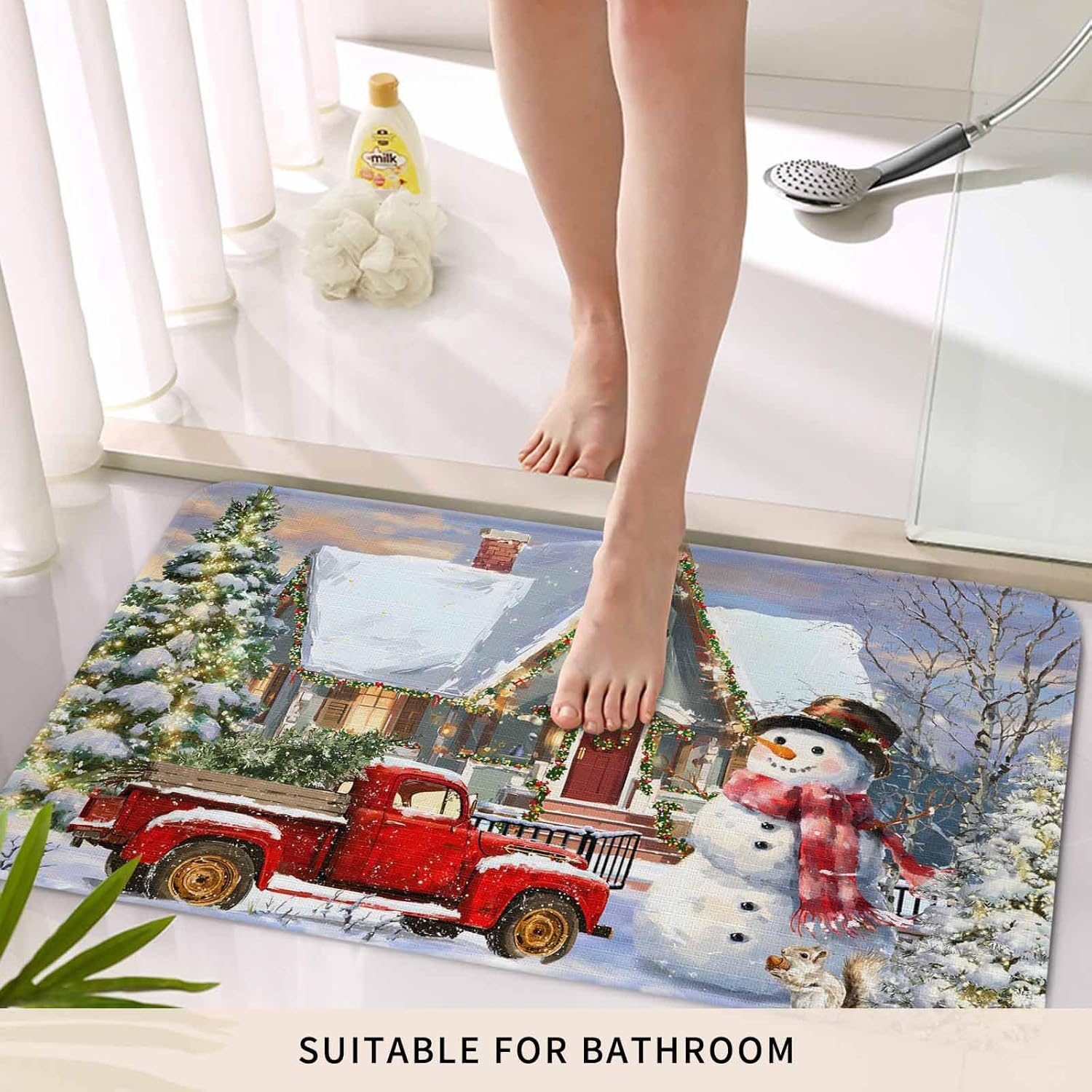 Farmhouse Christmas Front Door Mat Entrance Welcome Floor Mats Indoor Outdoor, Xmas Truck Snowman Heavy Duty Absorbent Doormat, Tree Snowflake Non-Slip Rugs for High Traffic Areas 16"x24"