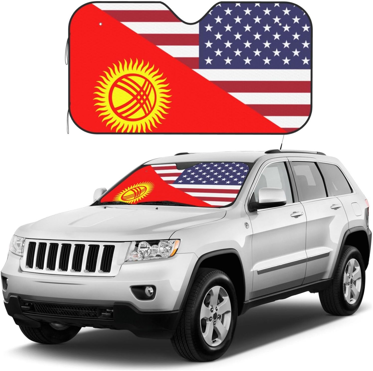 America Kyrgyzstan Friendship Flag Foldable Car Windshield Sunshade Blocks Heat and Sun Glare Uv Rays