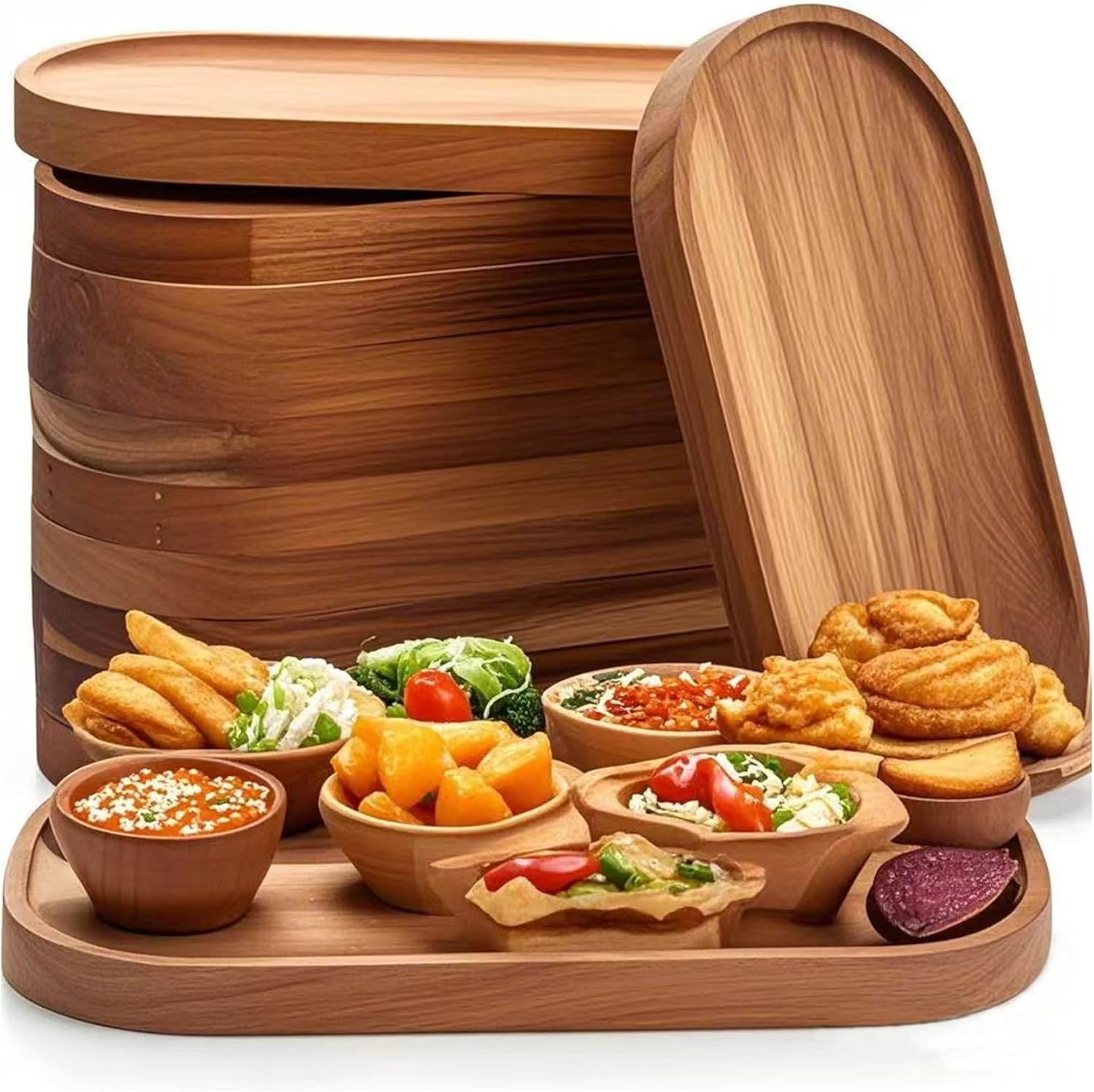Wood Serving Board Bulk,Wood Cutting Board Set of 6,Wooden Charcuterie Boards Small,Oval Acacia Wood Serving Platters and Trays for Food or Desserts,Bread/Cheese/Fruit/Tea Serving Trays