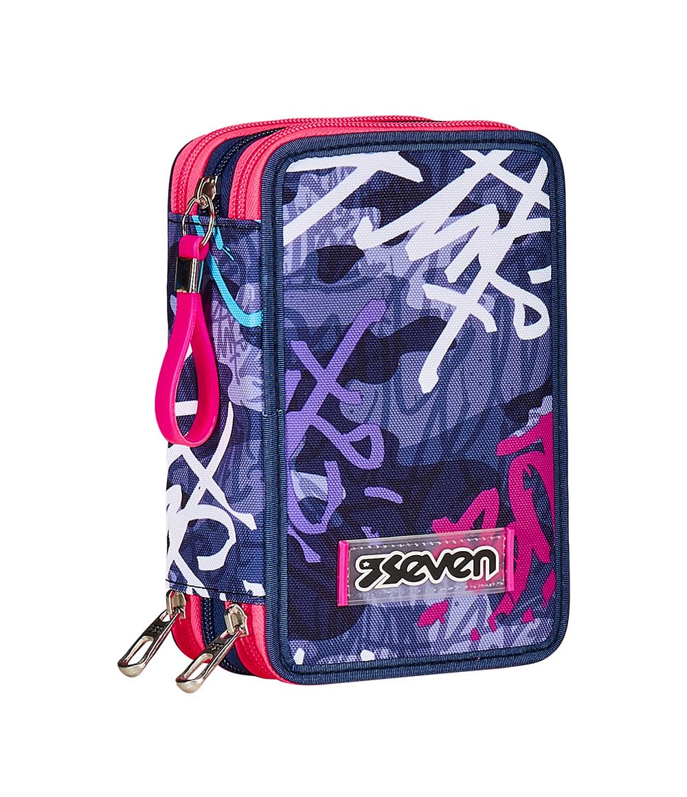 Seven Federmäppchen, Mäppchen, Mehrfarbig, Federtasche für Schreibwaren, Etui komplett mit Bleistiften, Filzstiften, Schulmaterial, mit 3 Fächern, Mädchen, Schule - Grundschule, Purple, Taglia Unica