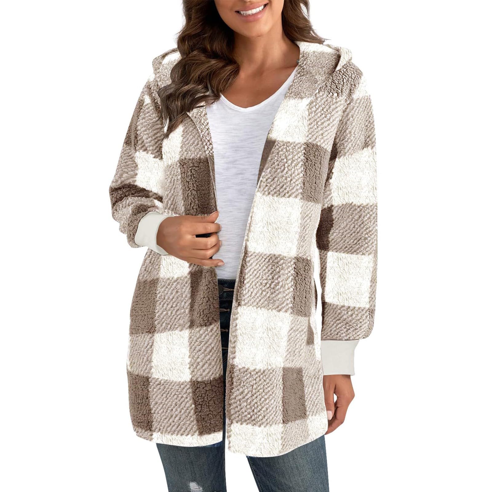 GOFULY Womens Winter Coats Trendy Fuzzy Fleece Hoodies Open Front Fall Sherpa Jackets Warm Plaid Cardigans Casual Outerwear