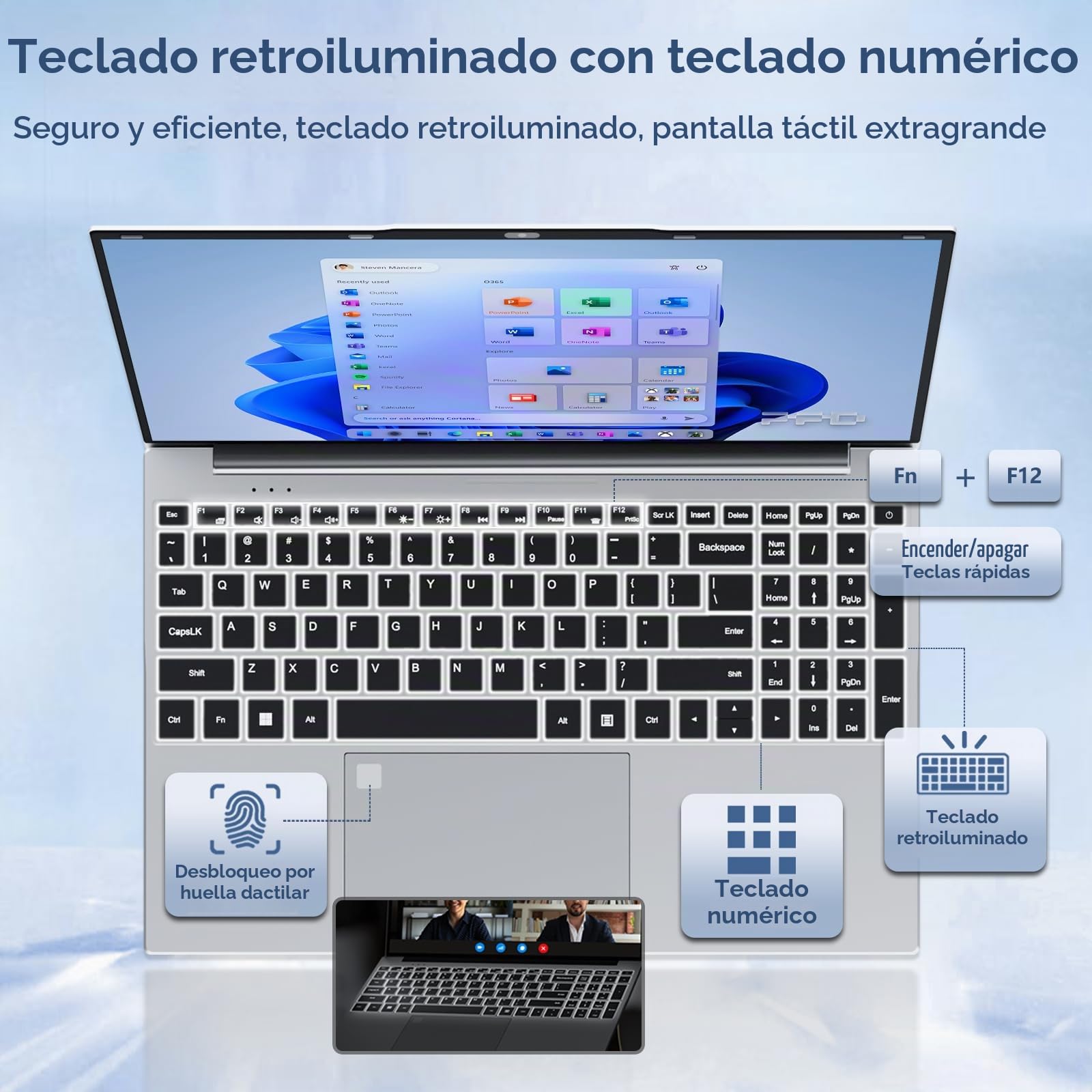 Ordenador Portátil 15,6 Pulgadas con Celeron N150 Procesador, Win 11 PC Portátil 16GB RAM DDR4 SSD 512GB, Laptop 1080P FHD IPS Desbloqueo Huellas Dactilares/Teclado Retroiluminado Computadora Portatil