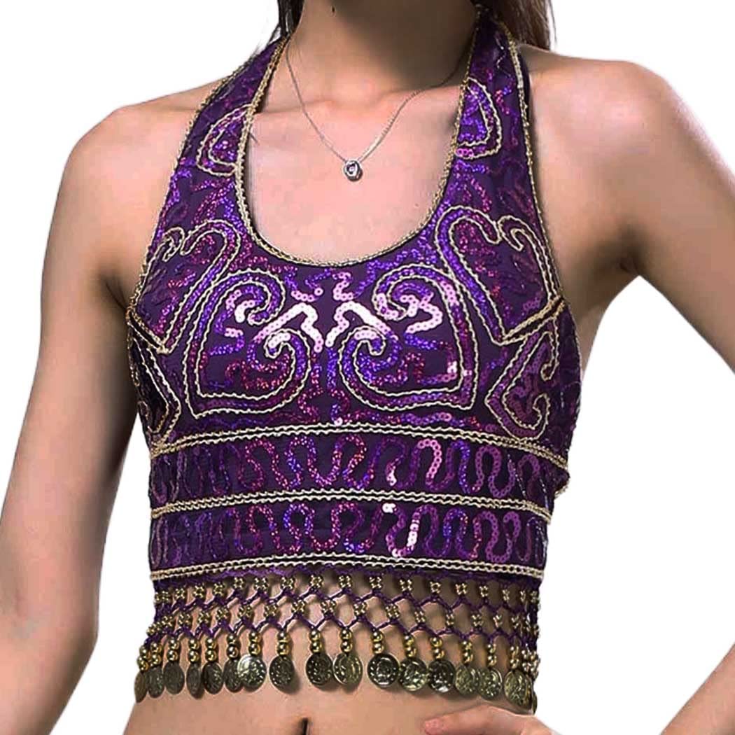 GRAEENBelly Dance Sequin Crop Top Coin Tassel Rave Carnival Costume Bra Tops for Women