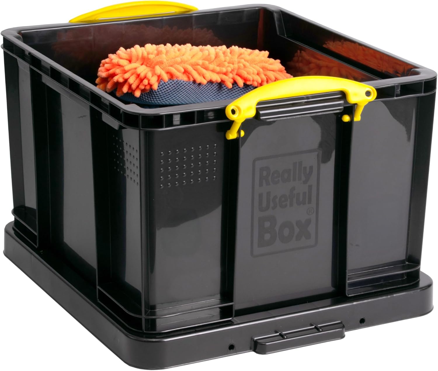 Really Useful Box Plastic Storage 42L Solid Black with Yellow Handles Pack of 2