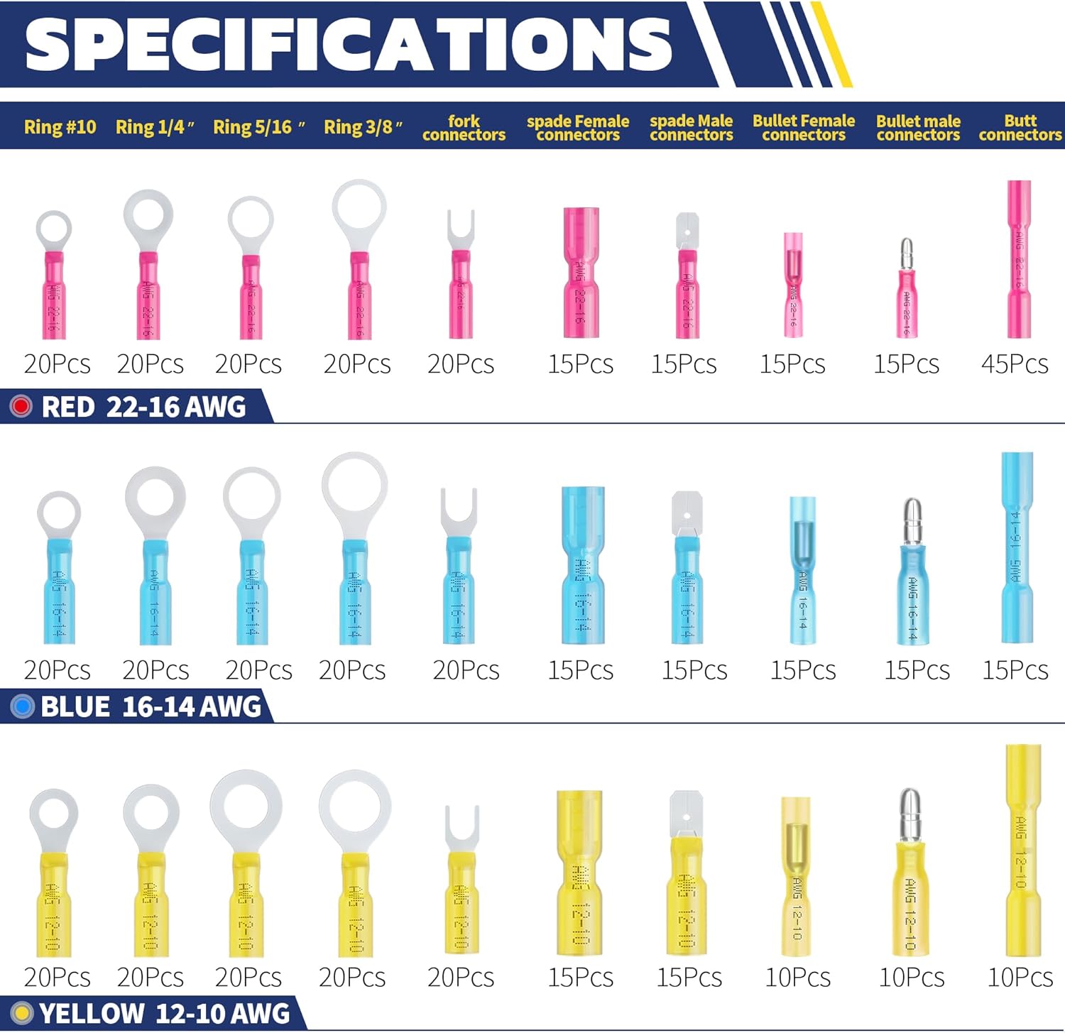 haisstronica 540PCS Marine Grade Heat Shrink Wire Connectors-Electrical Connectors Kit of Tinned Red Copper,16-14 22-16 12-10 Gauge Crimp Insulated Ring Fork Spade Bullet Butt Splices(3Colors/30Size)