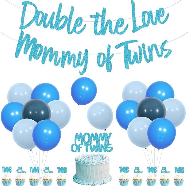 Juego de pancarta, decoración para tartas y globos con purpurina azul "Double The Love Mommy of Twins", 38 piezas de decoración para baby shower para niños, kit completo de fiesta para mamá embarazada, revelación de género o celebración del embarazo