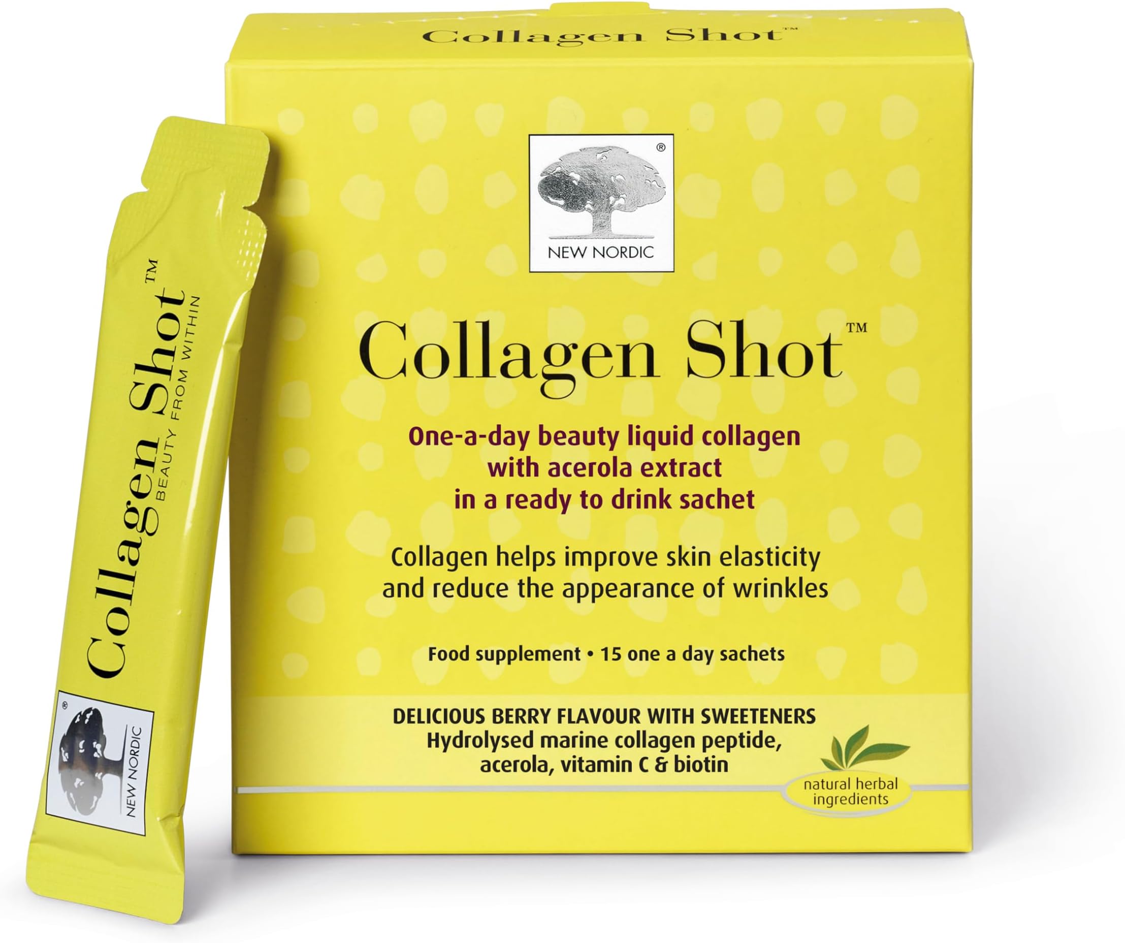 New Nordic Collagen Shot with Marine Collagen Supplement to Improve Skin Elasticity & Reduce Wrinkles, Ready to Drink, Berry Flavour, 15 Sachets