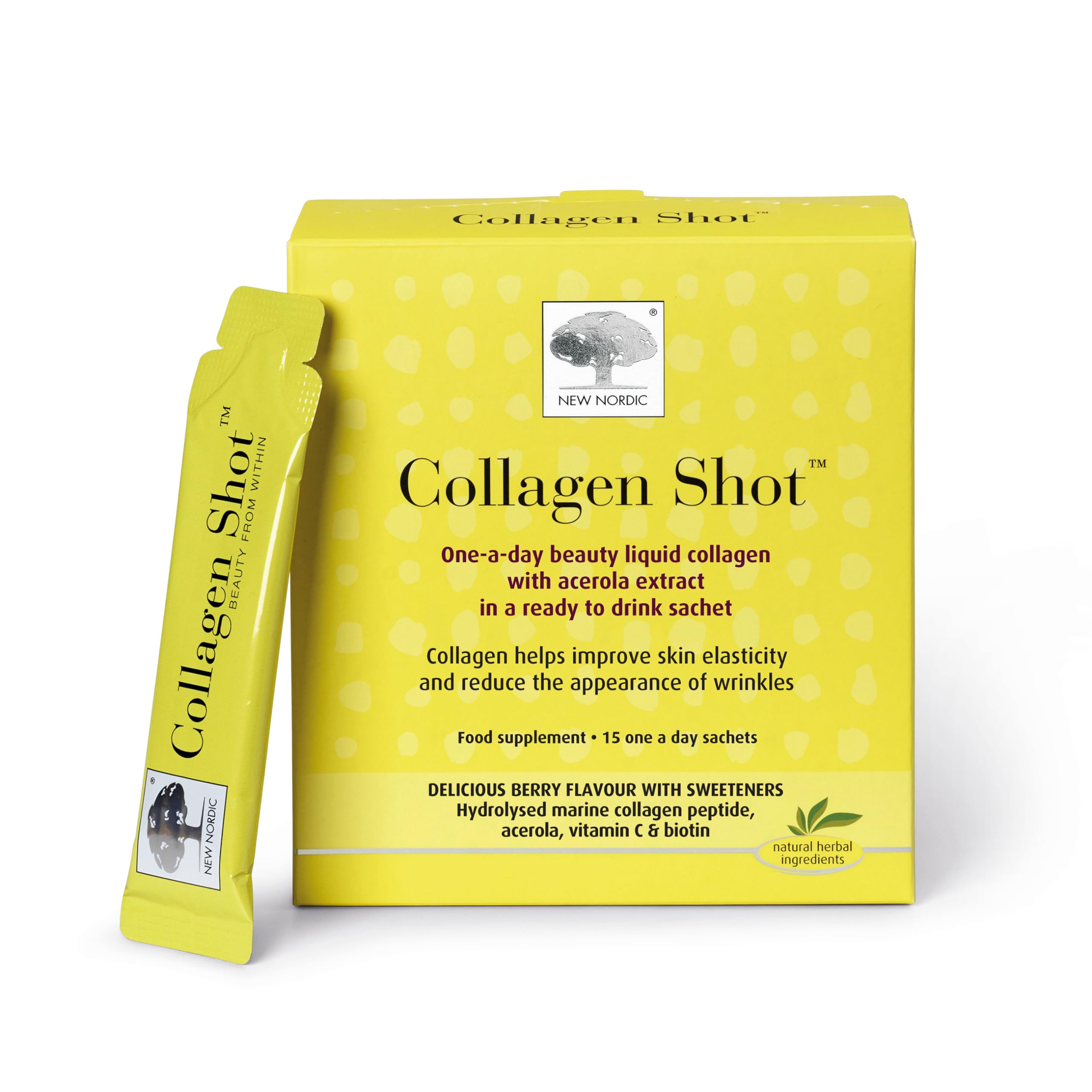New Nordic Collagen Liquid Shots - 15x Daily Sachets - High-Absorbency Hydrolysed Marine Collagen with Biotin - Sugar Free - Natural Berry Flavour