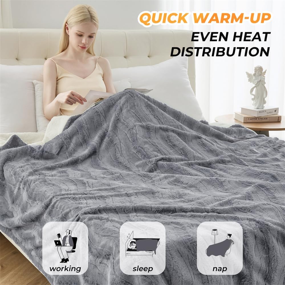 Heated Blanket Twin Size, Warm Soft Faux Rabbit Fur Electric Blanket with 6 Heating Levels & 10 Hours Auto-Off, Fast Heating & Over-Heat Protection, Machine Washable - Grey, 62”x 84” - Image 5
