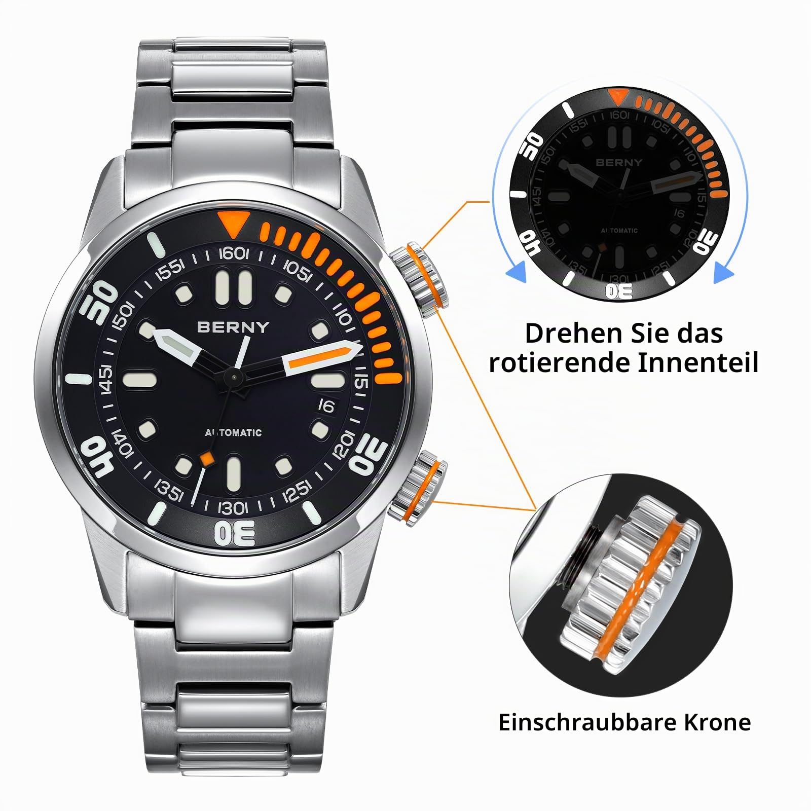 BERNY Automatikuhr für Männer 200M Taucheruhr Armbanduhr Saphirglas Langlebiges Edelstahlband Super Leuchtend Herrenuhren