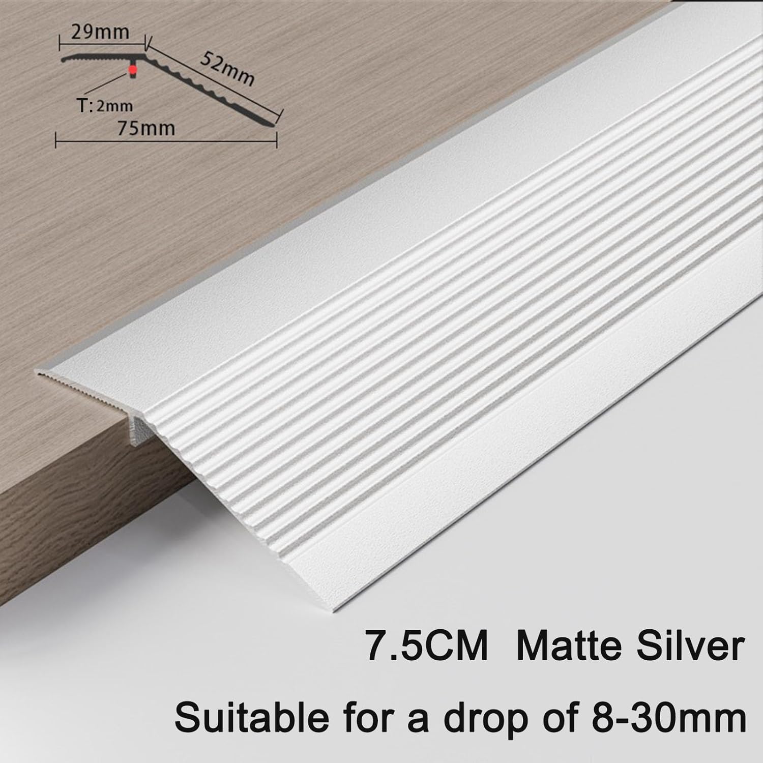 Aluminum Floor Flooring Transition Threshold Strip Reducer, 3 Pack 2500 x 75mm 98.5" x 2.95" for Threshold Height Difference 8-30mm 0.31-1.18" Silver, for Doorways Carpet Ramp Tile Edge Gap Cover