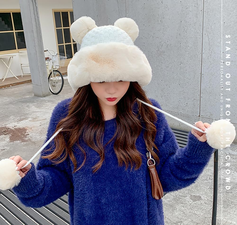 Winter Pompom Beanie Hats for Women Fluffy Knit Womens Beanie Faux Fur Crochet Skull Cap Warm Bucket Outdoor Ear Cover - Image 3