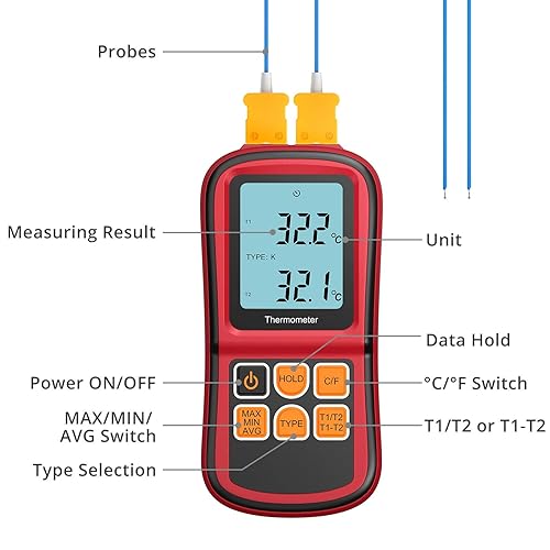 Miniatura 2 de Kamtop Termómetro digital, termómetro de doble canal con dos sondas de termopar tipo K, medidor de alta temperatura, medidor de medición doble,