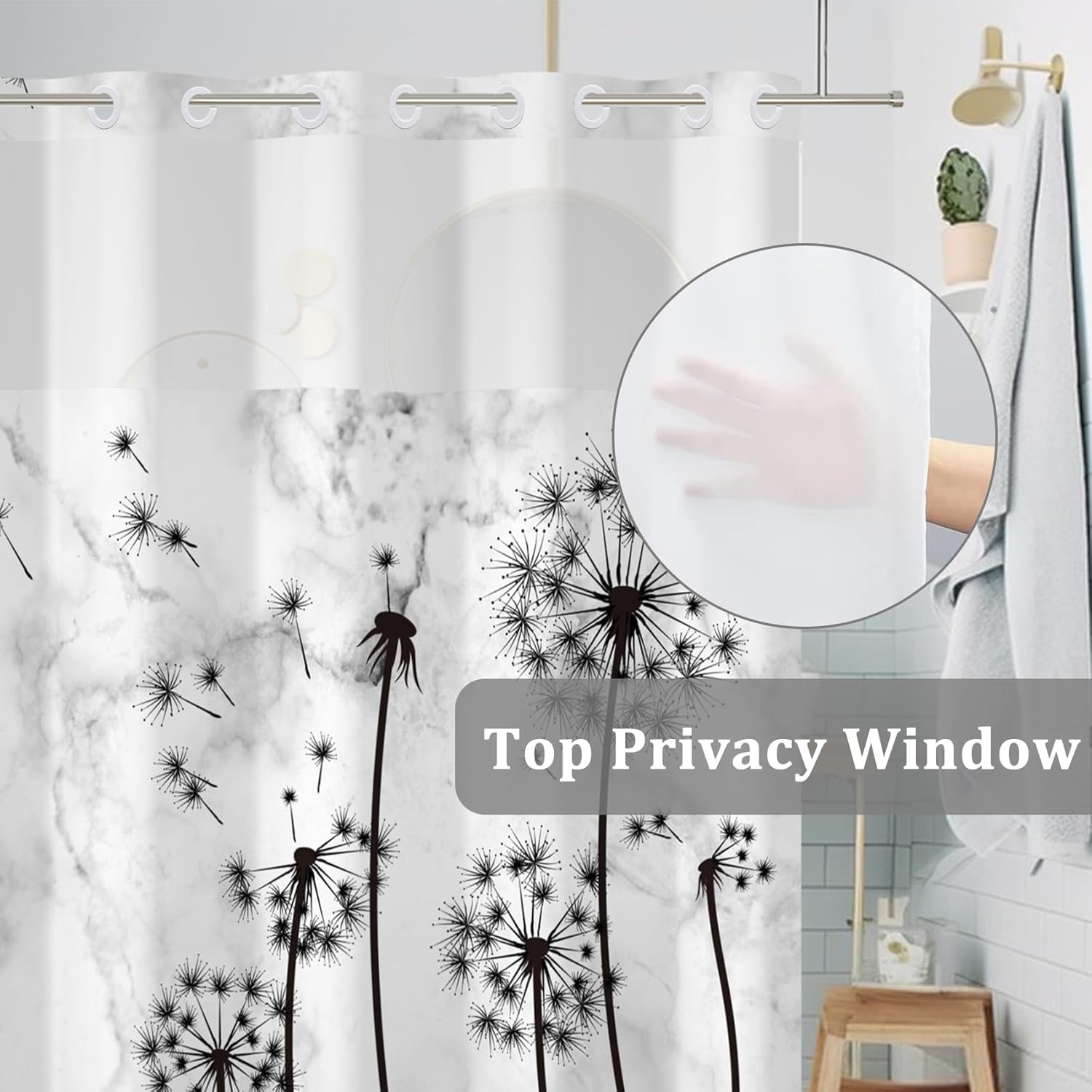 Baocicco No Hook Black and White Dandelion Shower Curtain with Snap in Liner Flower Vintage Floral Double Layers Machine Washable for Easy Clean Hotel Shower Curtain and Liner Set 71x83 Inch