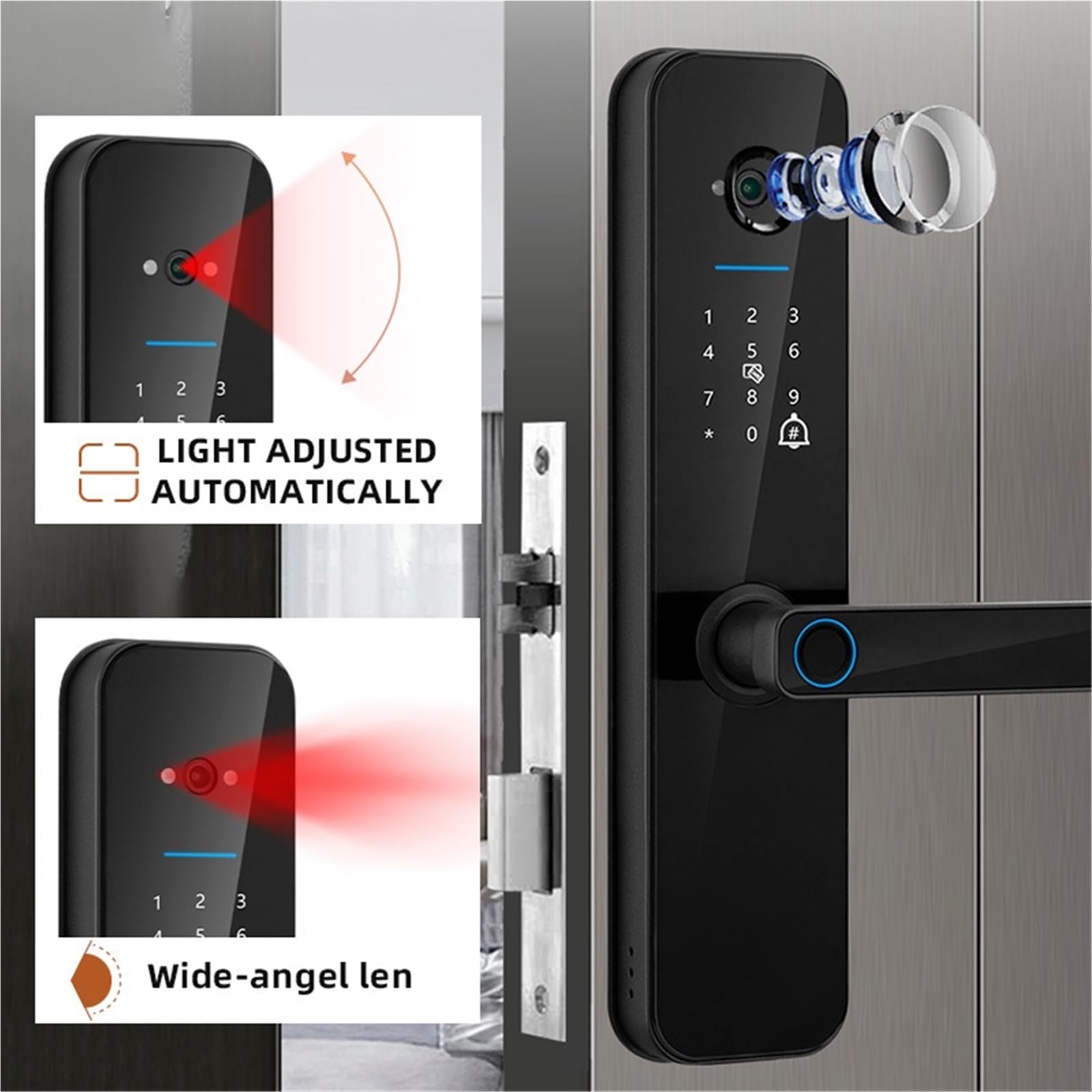 Serrure de porte intelligente électronique numérique, avec caméra biométrique, carte à empreintes digitales, mot passe, déverrouillage par clé Bureau Commercial(Single tongne-60-70)