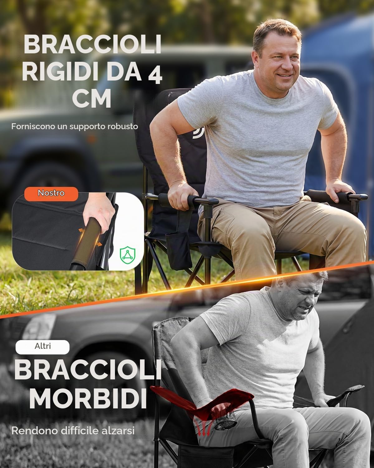 Sportneer Sedia da Campeggio Sovradimensionata Robusta da 227 KG, Sedia Pieghevole Portatile con Sedile Imbottito, Braccioli Resistente per Facile In piedi, Portabicchieri e Borsa Laterale, Sedia per