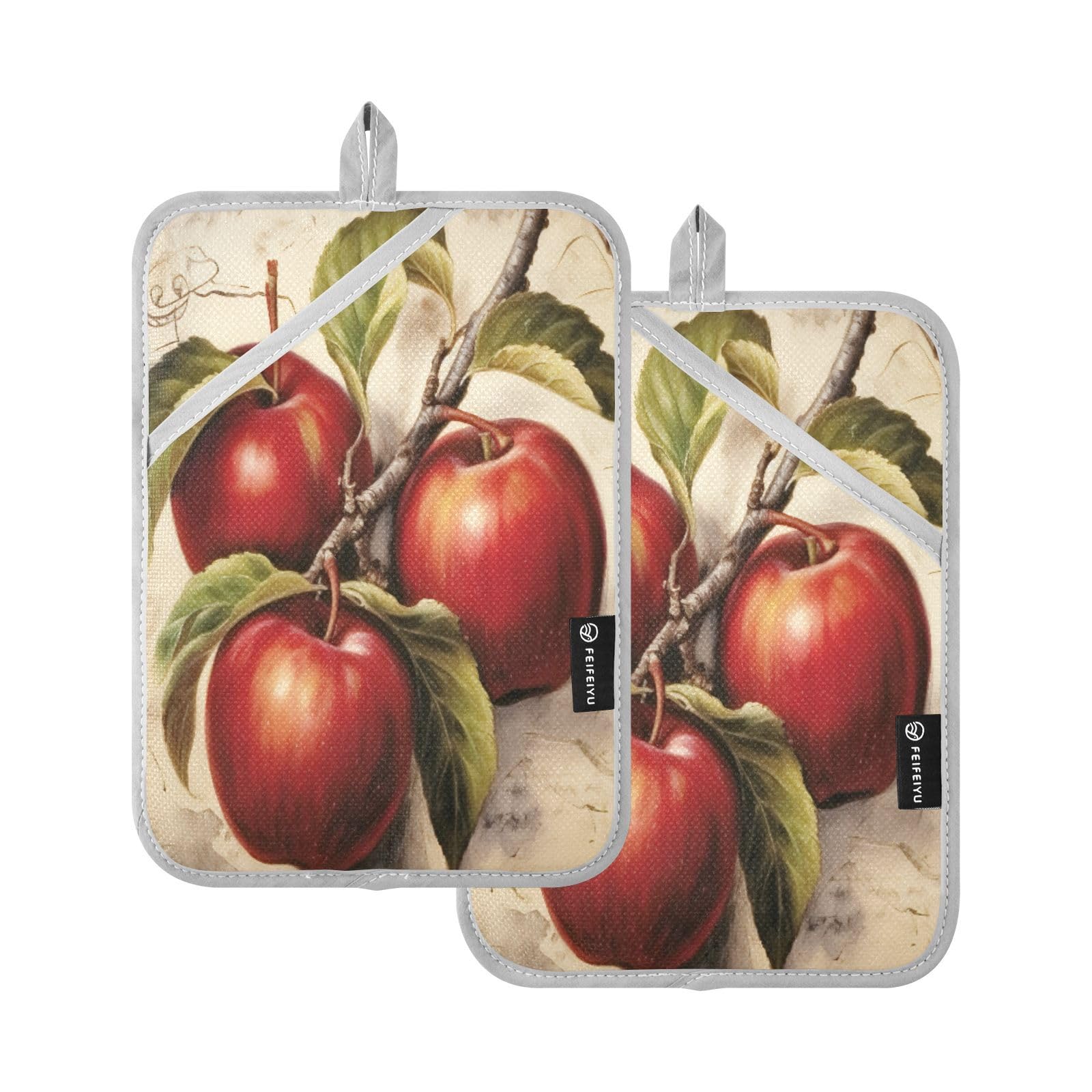Coikll Red Apples Pocket Pot Holders Oven Non-Slip Grip Hot Pad Heat Resistant Oven Mitts Potholders for Kitchen Baking 2PC