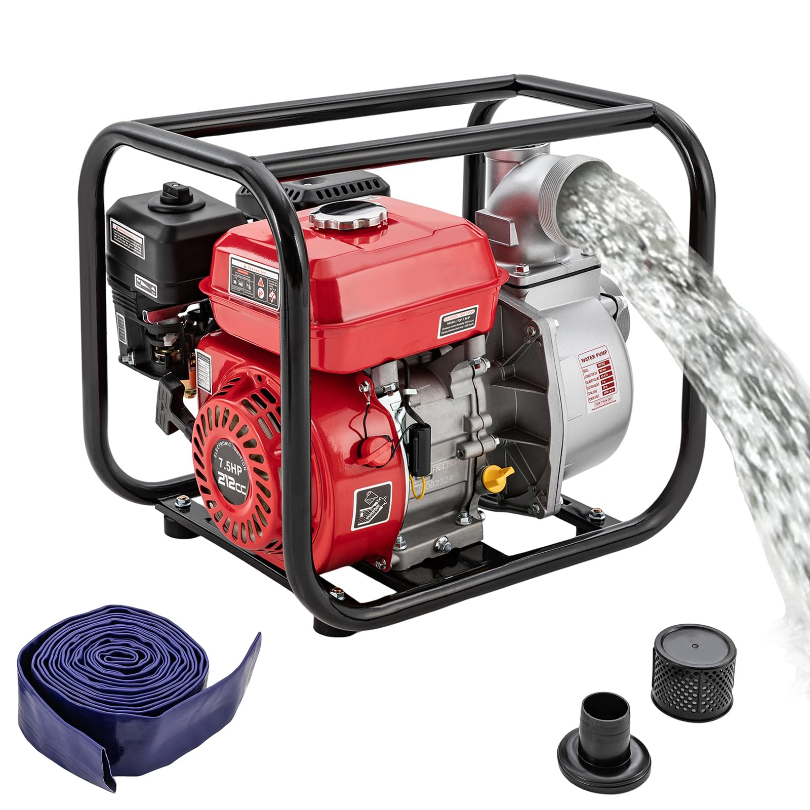 Bomba de agua de gasolina para jardín, 7,5 CV, 35000 l/h y 30 m, altura de aspiración, conexión de 3 pulgadas, bomba de agua sucia con motor de 4 tiempos, arranque por cable, base de metal