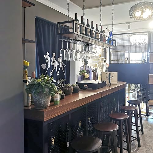 Miniatura 7 de Estante de techo para copas de vino, estante colgante para vino con soporte para vidrio y estante, soporte para botellas de vino colgante industrial