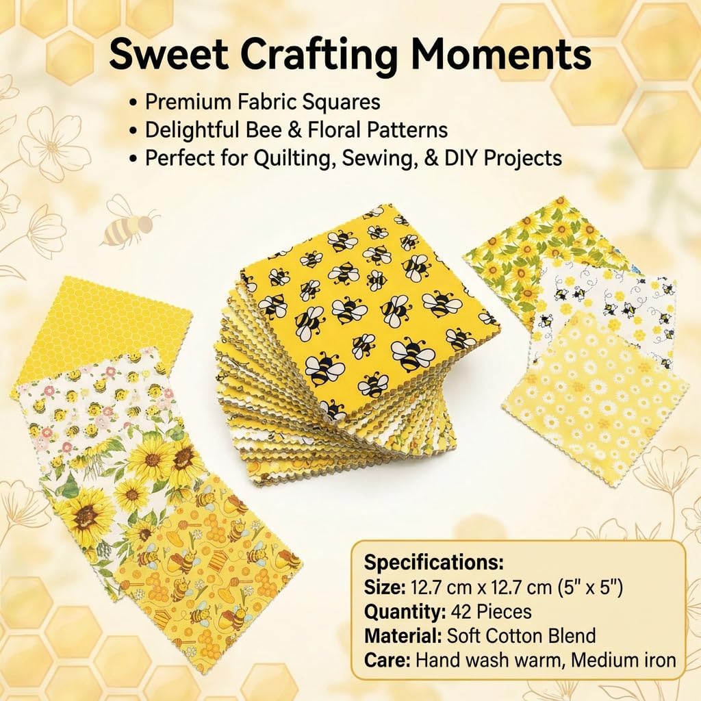 42 Pcs 5" x 5" Cotton Craft Fabric Squares,Bee Sunflower Sheets Patchwork