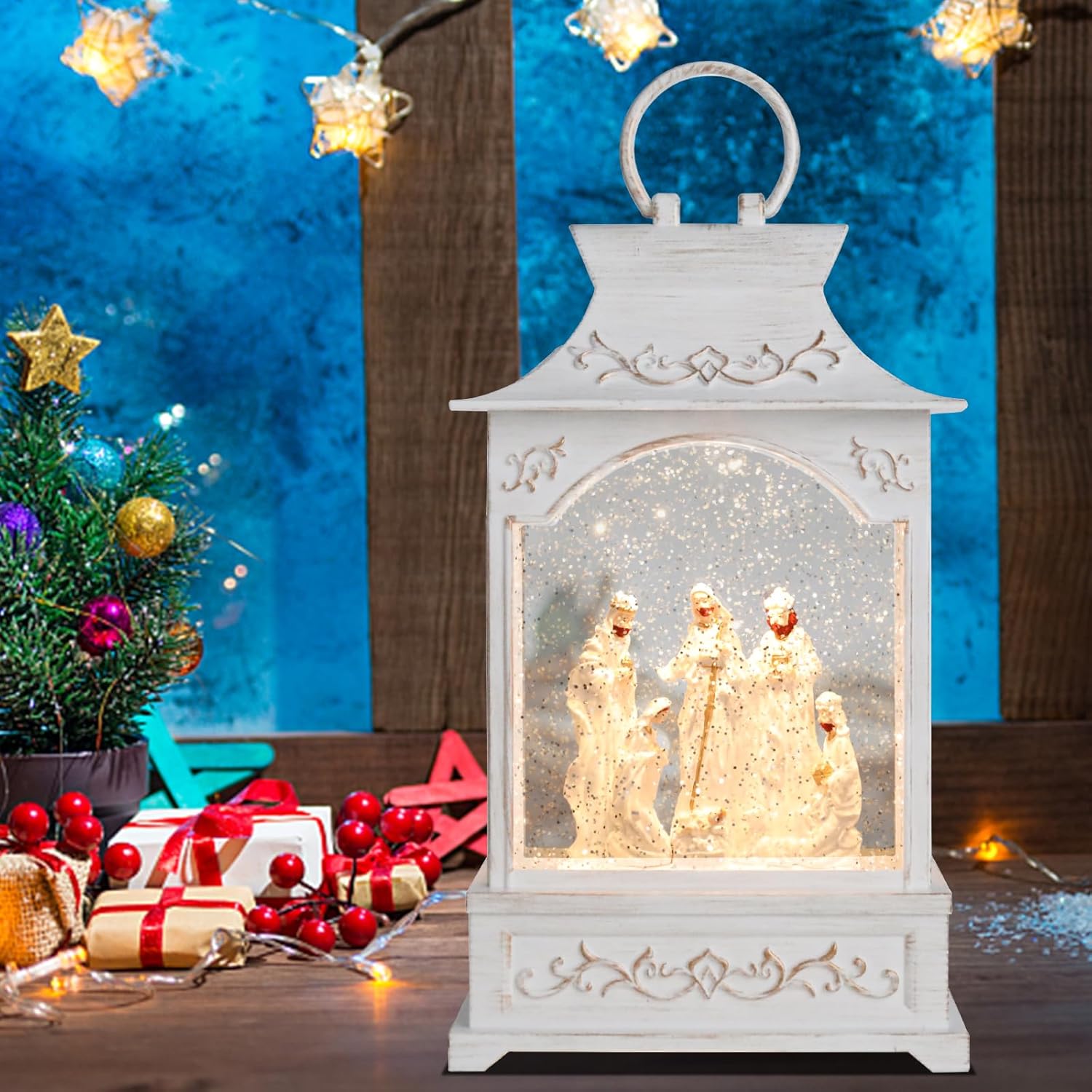 MUMTOP Christmas Lanterns-Lighted Christmas Snow Globes - White Nativity Scene Musical Snow Globe with Swirling Glittering and Battery Operated LED Light Christmas Home Decor