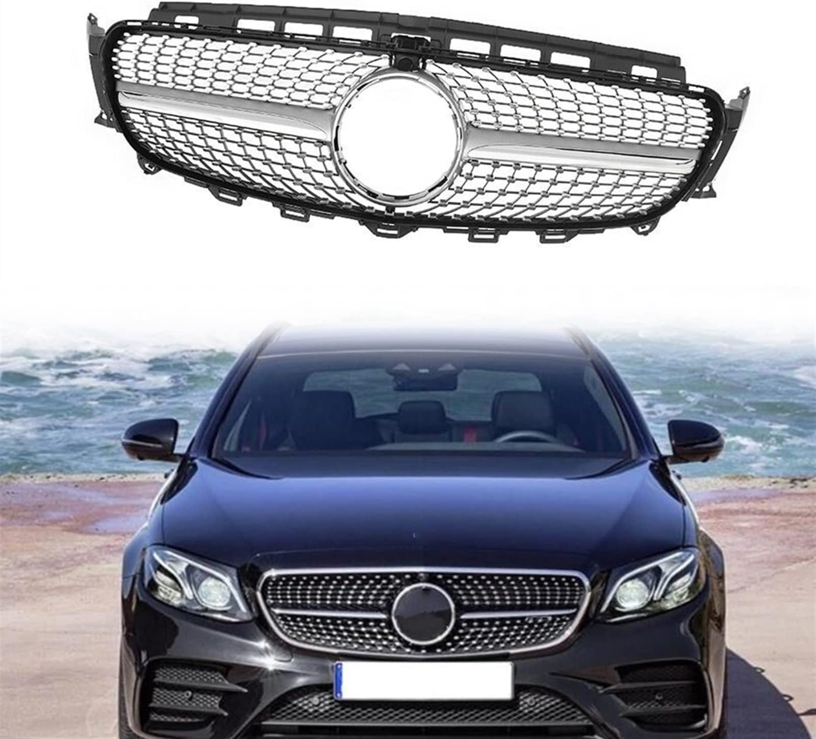 Front Grille Racing Grills Diamond Style Silver Car Upper Bumper Hood Mesh For B&enz W213 E-Class 2016-2018 E400 E550