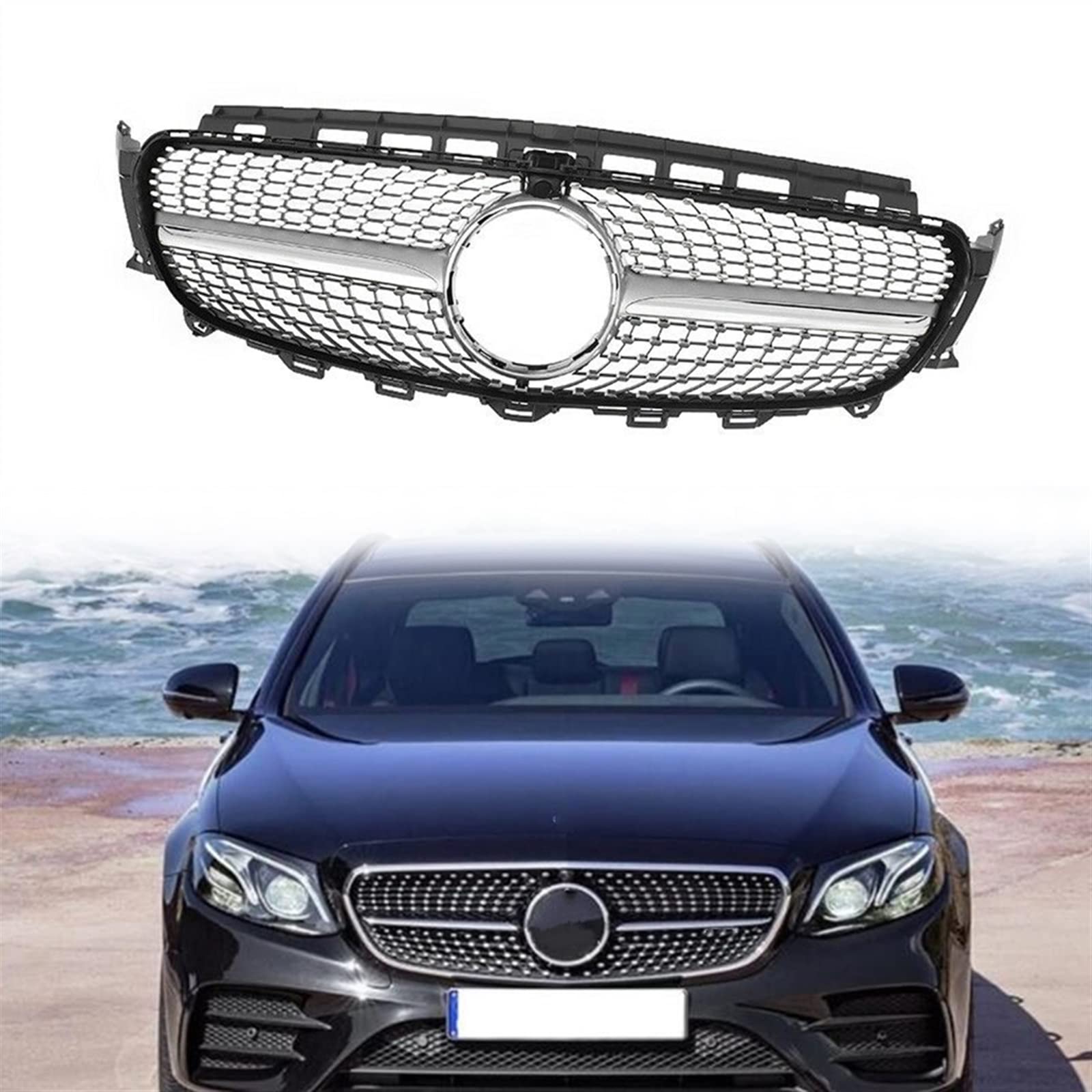 Front Grille Racing Grills Diamond Style Silver Car Upper Bumper Hood Mesh For B&enz W213 E-Class 2016-2018 E400 E550