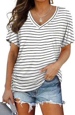  Womens Summer T-Shirts Short Sleeve V Neck Dolman Tops with Side Shirring Loose Fit Shirts Spring Fashion